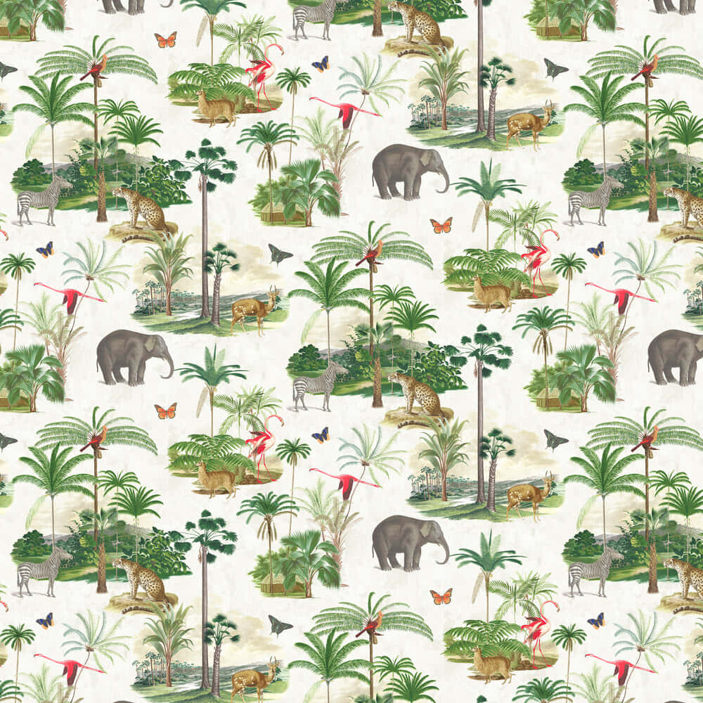 zoo 桌布 壁紙 — 重複的復古風格壁紙圖案，描繪大象、斑馬、紅鶴和鸚鵡在茂密的熱帶叢林場景中。