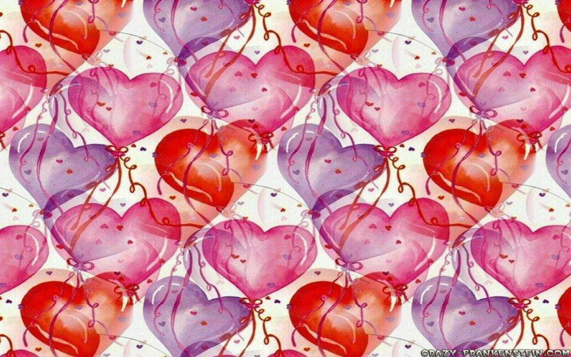 Valentines 桌布 壁紙 — 重複的心形氣球圖案，採用粉紅色和紫色的水彩調，帶有繩子細節。