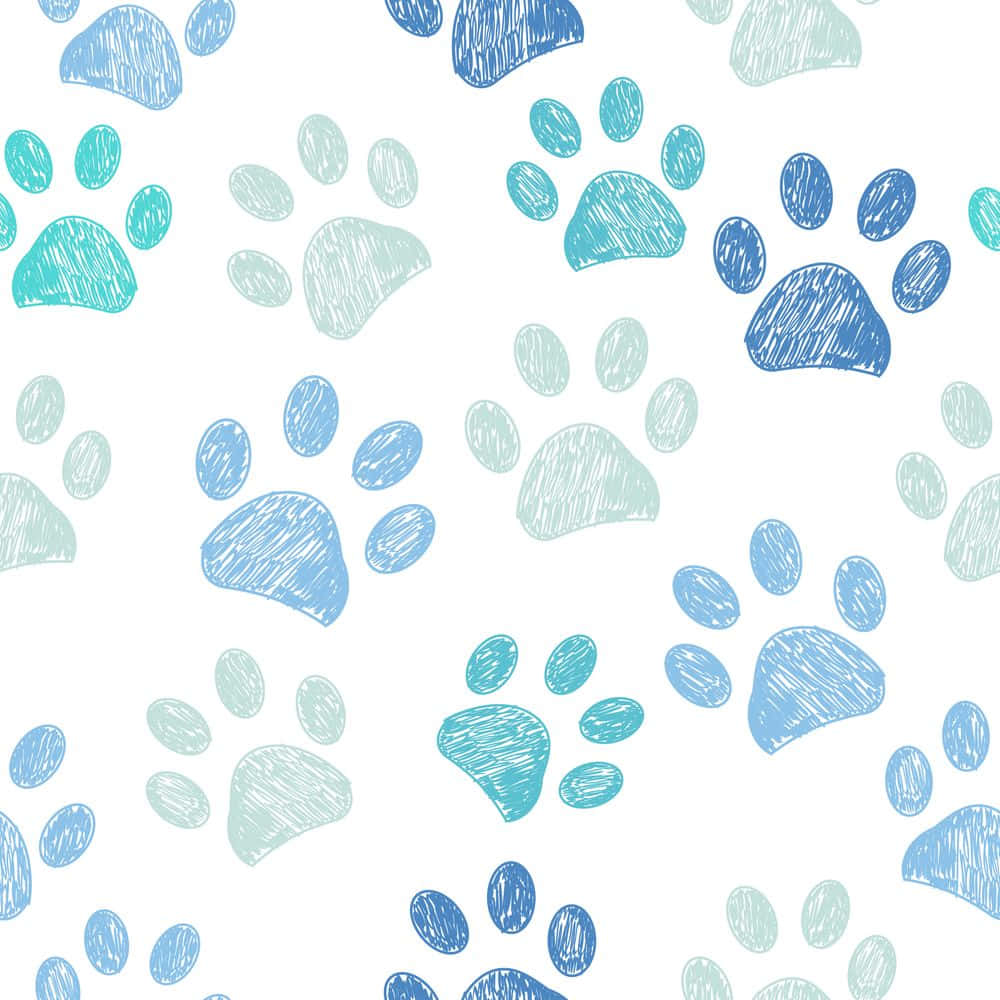 Paw Print 桌布 壁紙 — 重複的手繪爪印，以藍色和藍綠色調散佈在乾淨的白色背景上。