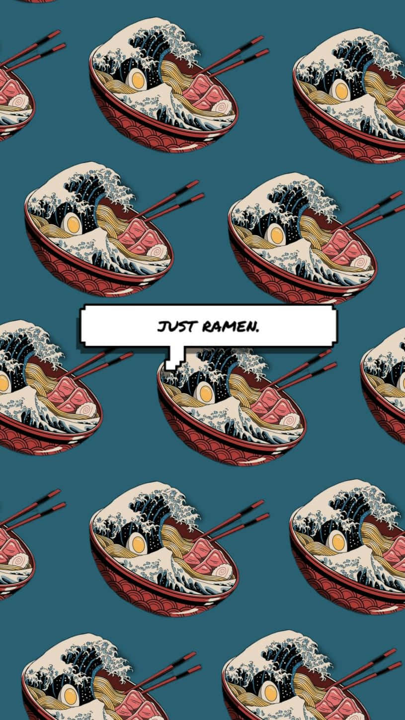 seamless 桌布 壁紙 — 重複的拉麵碗圖案，以「The Great Wave」風格設計，配有筷子及文字「JUST RAMEN。」