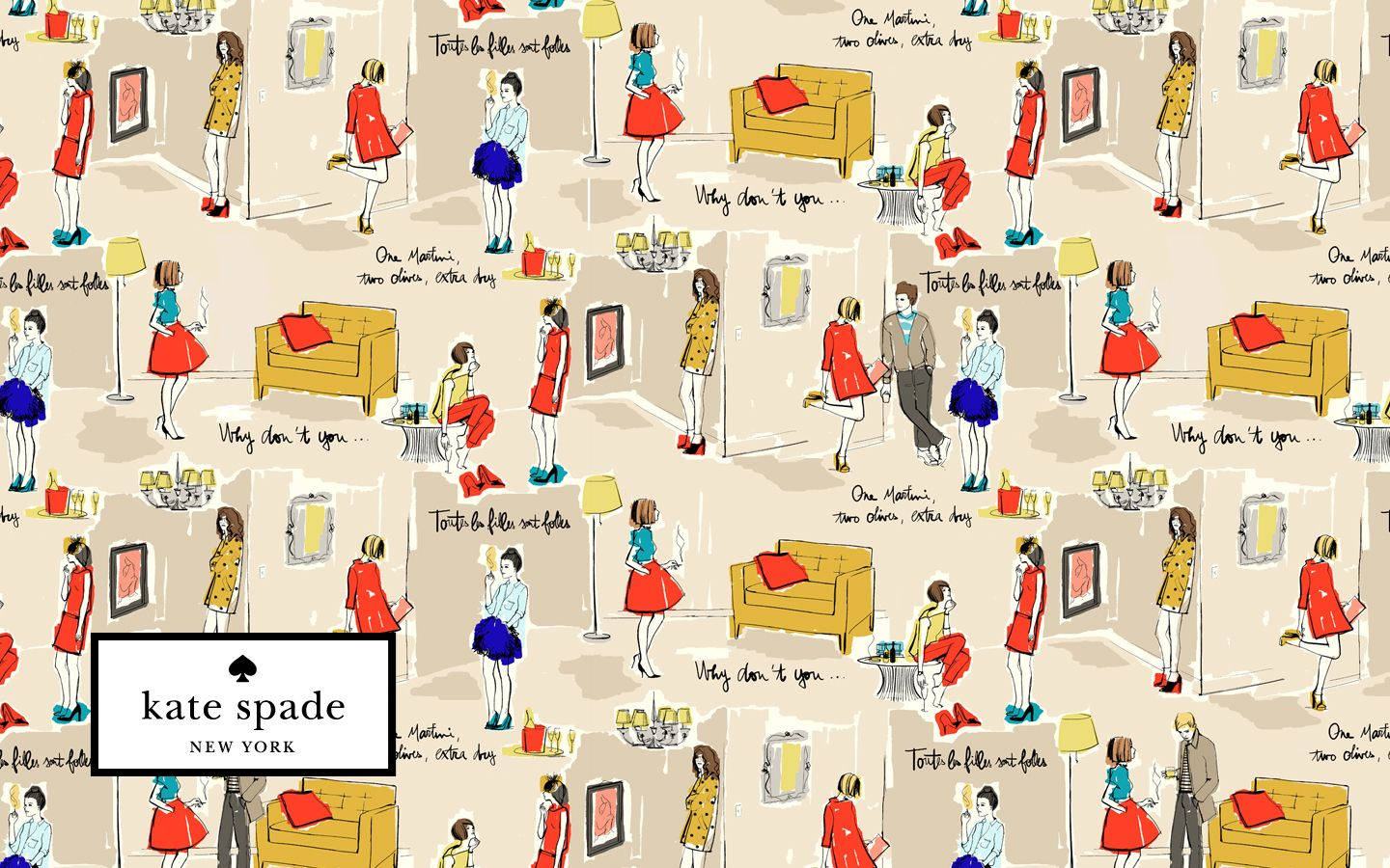 spade 桌布 壁紙 — 重複的插圖場景，描繪穿著紅色連衣裙的女性與家具和文字互動，形成Kate Spade品牌圖案。