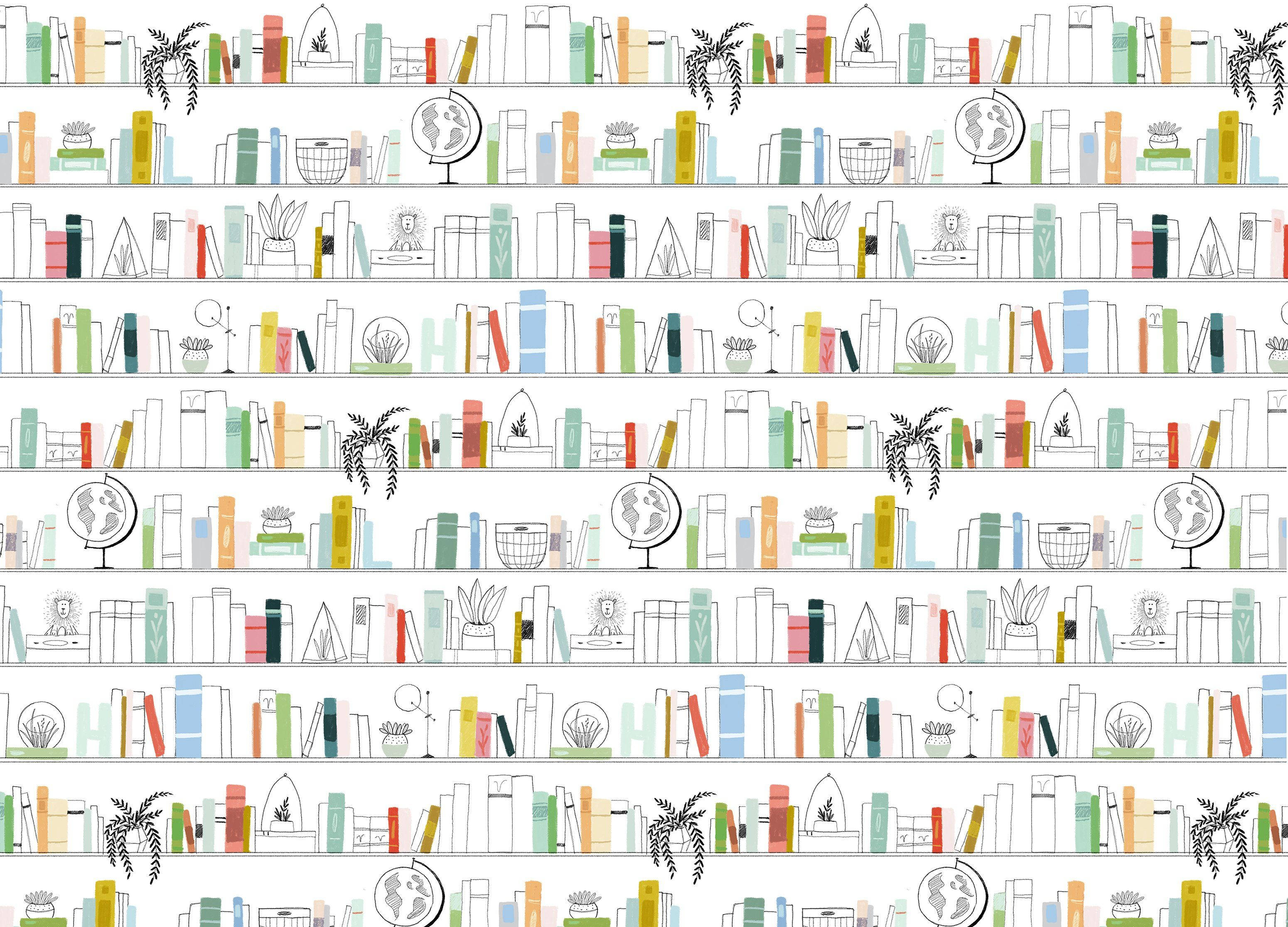 Modern 桌布 壁紙 — 重複的插圖書架，裝滿色彩繽紛的書籍、地球儀和植物，風格簡潔極簡。