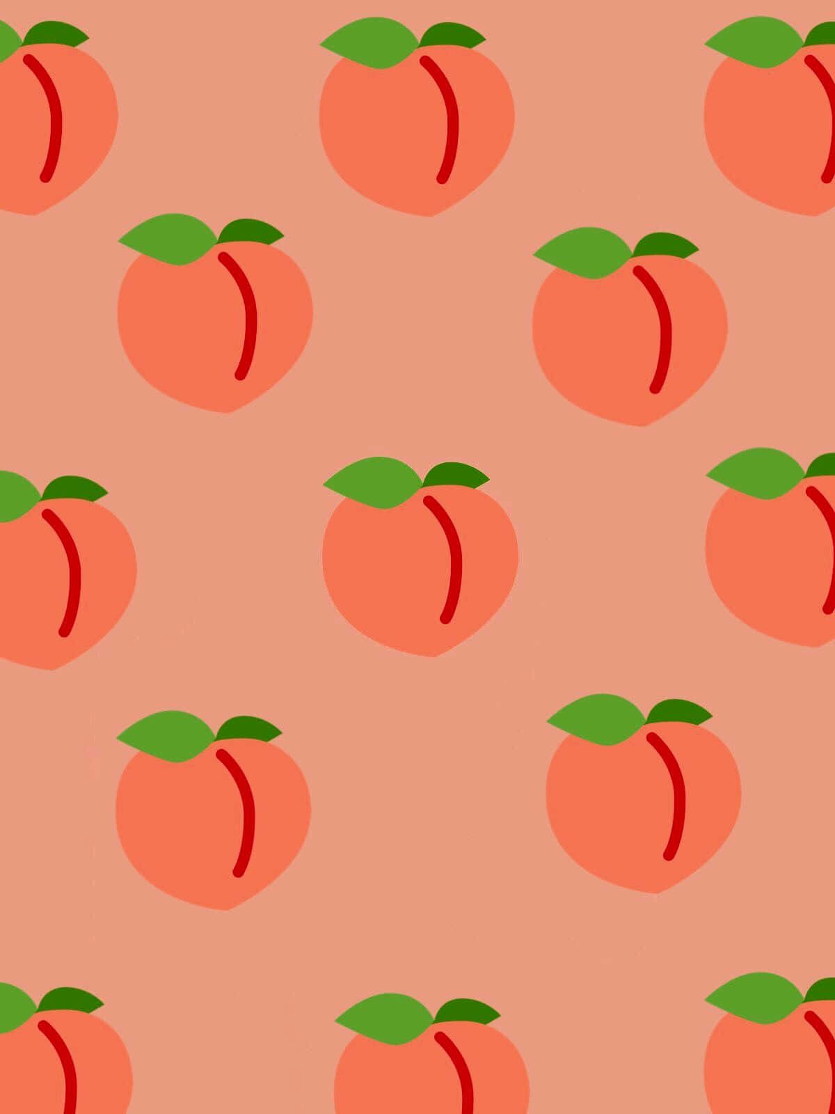 Peach Aesthetic 桌布 壁紙 — 重複的桃子圖示，帶有綠葉，在柔和的珊瑚色背景上，以乾淨的向量風格呈現。