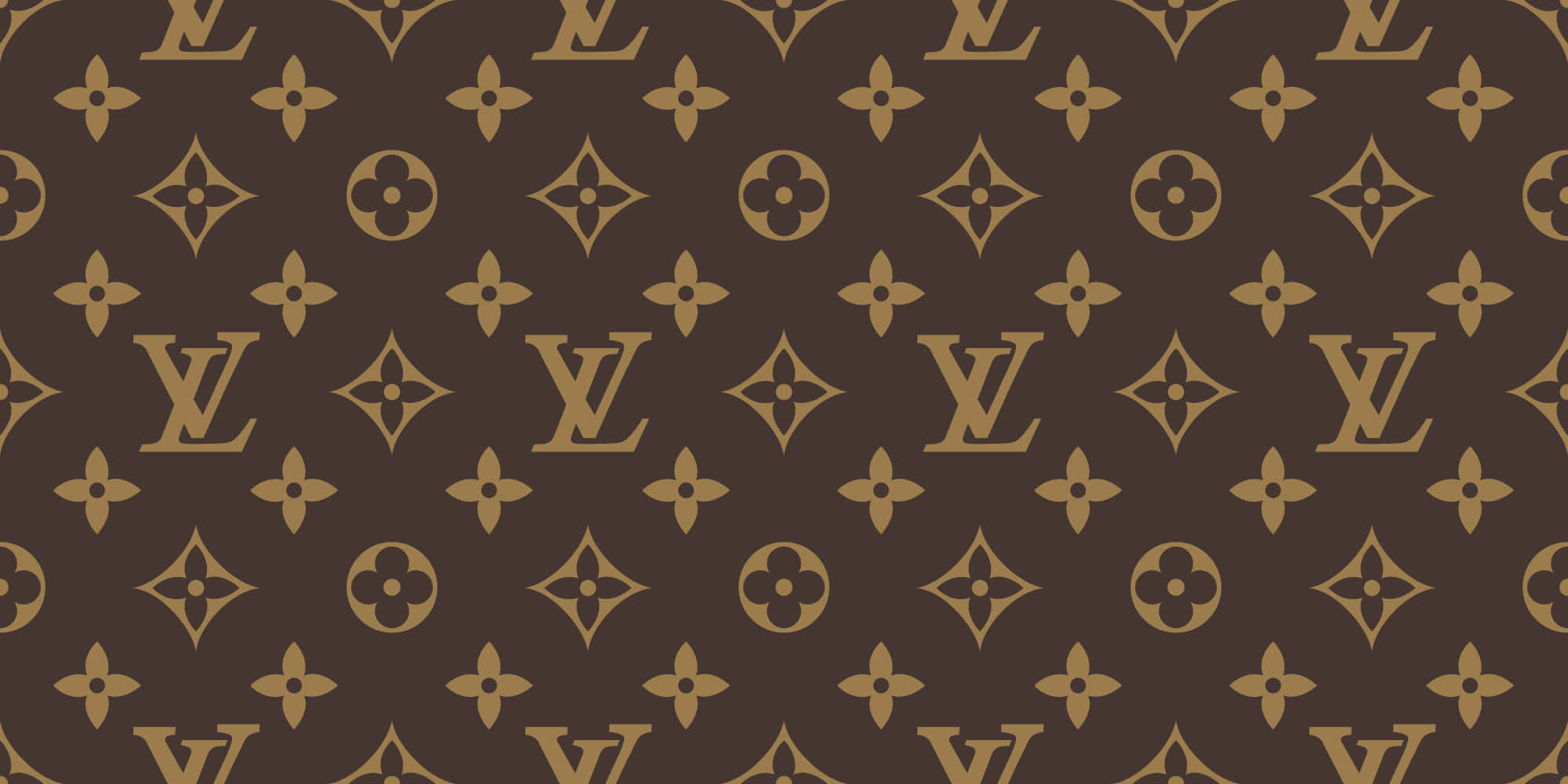 Louis Vuitton Pattern 桌布 壁紙 — 重複的棕色和金色 Louis Vuitton 字母組合圖案，帶有經典花卉和標誌圖案。