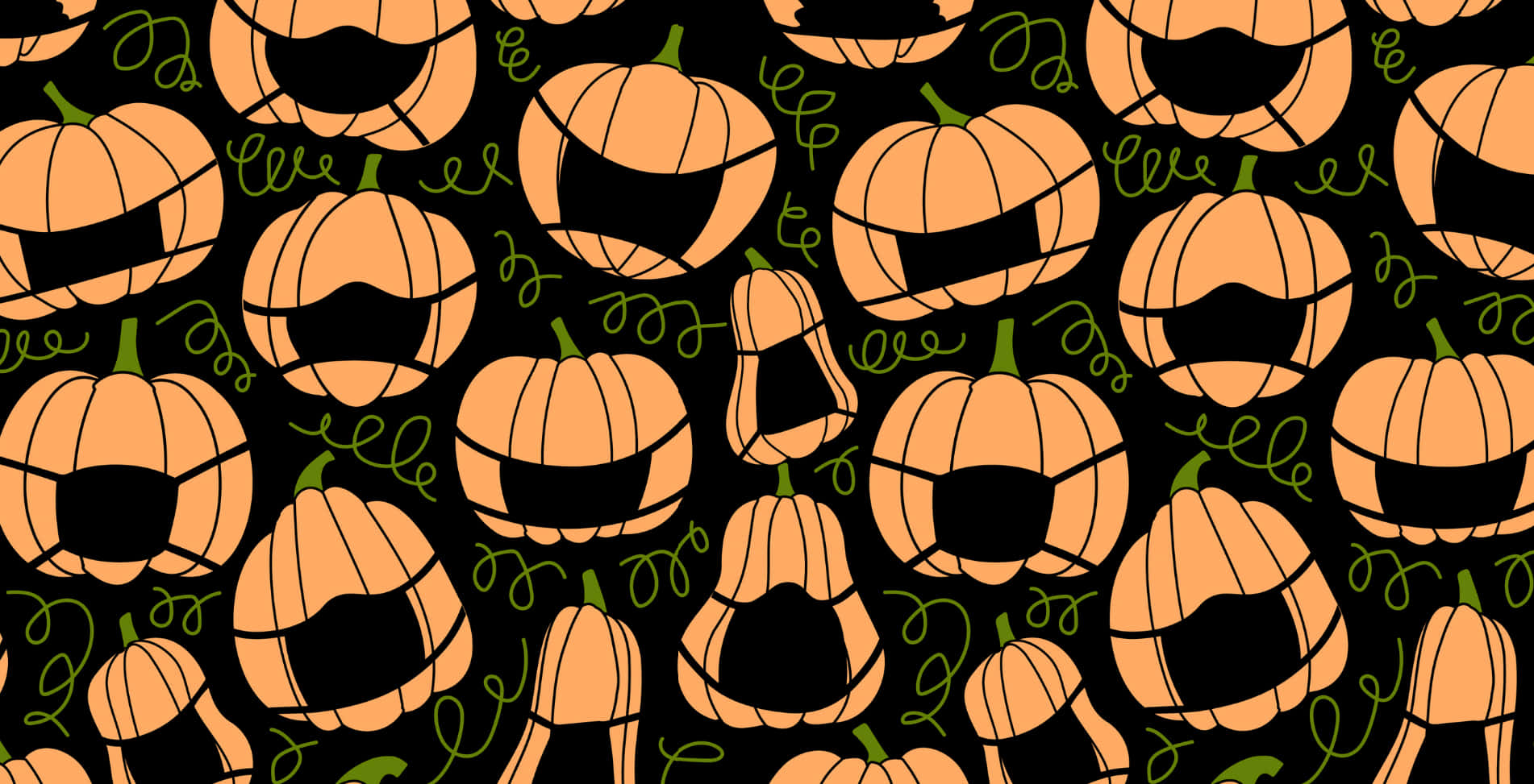 Jack O Lantern 桌布 壁紙 — 重複的橙色南瓜燈，帶有黑色咧嘴笑和綠色藤蔓，背景為黑色。