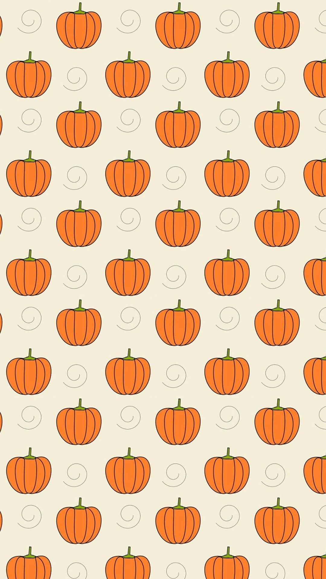 Halloween Laptop 桌布 壁紙 — 重複的橙色南瓜配綠色莖，在奶油色背景上飾有微妙的灰色漩渦。