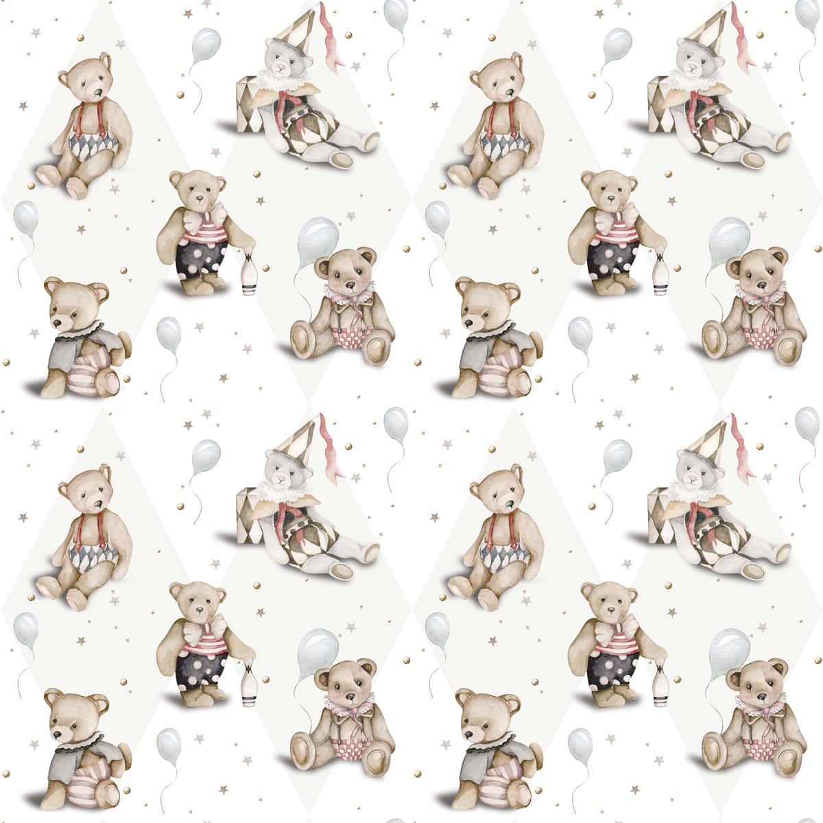 Teddy Bear 桌布 壁紙 — 重複的水彩泰迪熊，穿著派對服裝，帶有氣球和星星，在奶油色背景上。