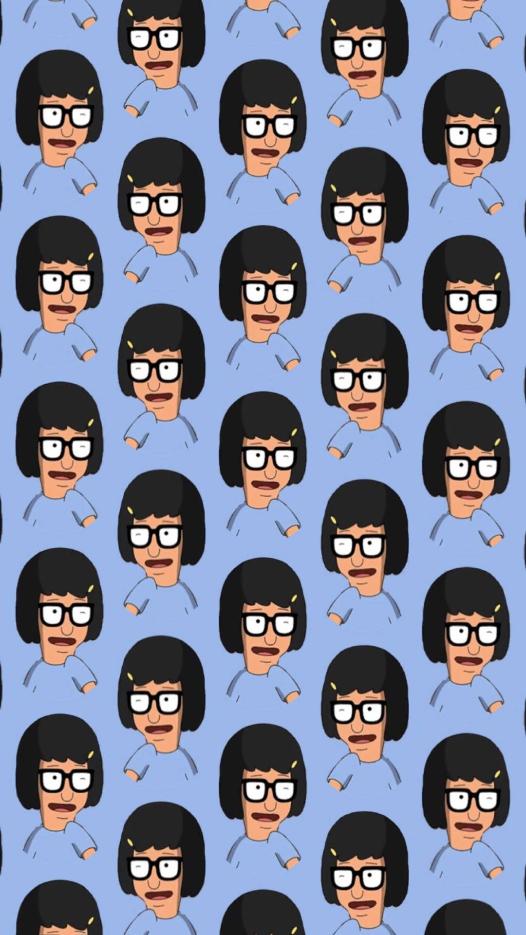 tina 桌布 壁紙 — 重複的波巴卡通面孔，黑色鮑伯頭和眼鏡，淺藍色背景。