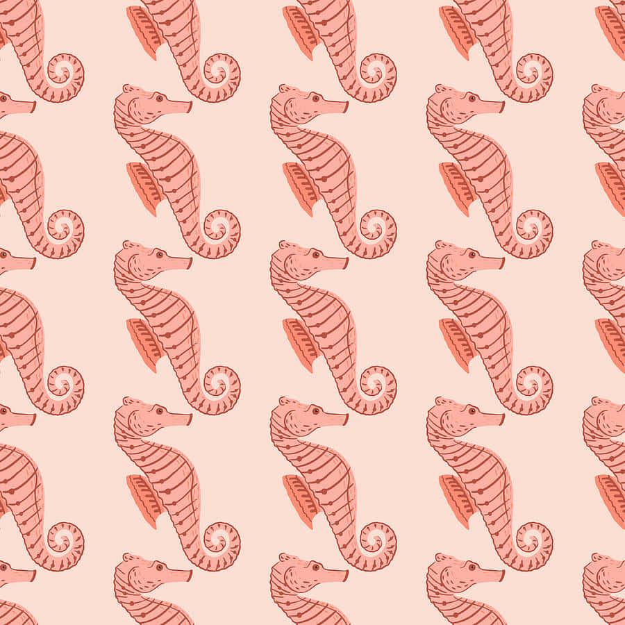 海馬 桌布 壁紙 — 重複的珊瑚粉紅海馬插圖，帶有條紋圖案，背景為柔和蜜桃色。