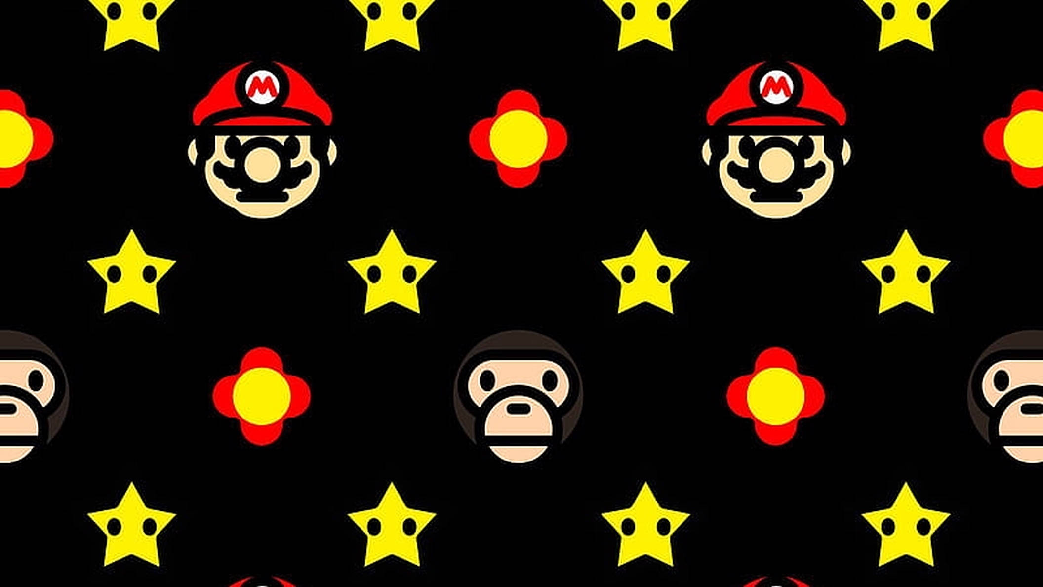 BAPE 標誌 桌布 壁紙 — 重複的瑪利歐和猴子臉孔圖案，帶有黃色星星和紅色花朵，背景為黑色。
