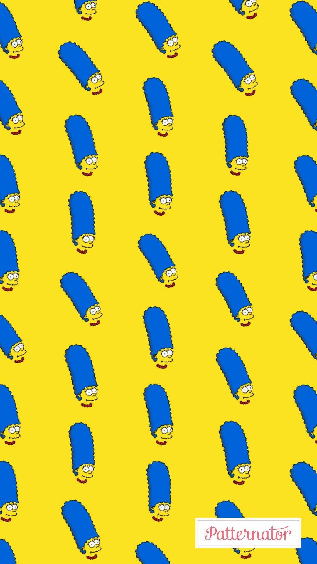 marge 桌布 壁紙 — 重複的瑪吉·辛普森卡通頭像，藍色蜂巢髮型，亮黃色背景。
