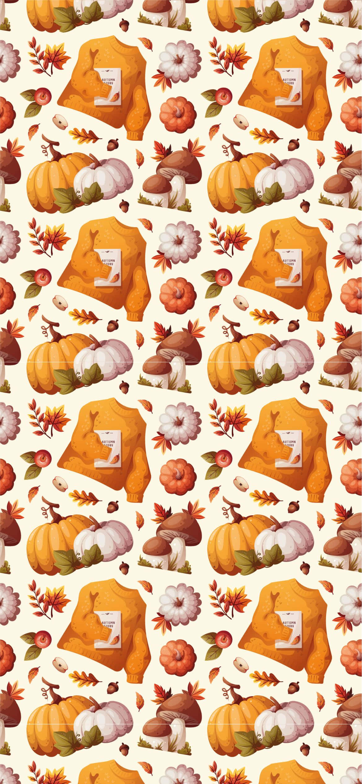 Best Fall 桌布 壁紙 — 重複的秋季圖案，包含橙色毛衣、南瓜、蘑菇和秋葉，背景為奶油色。