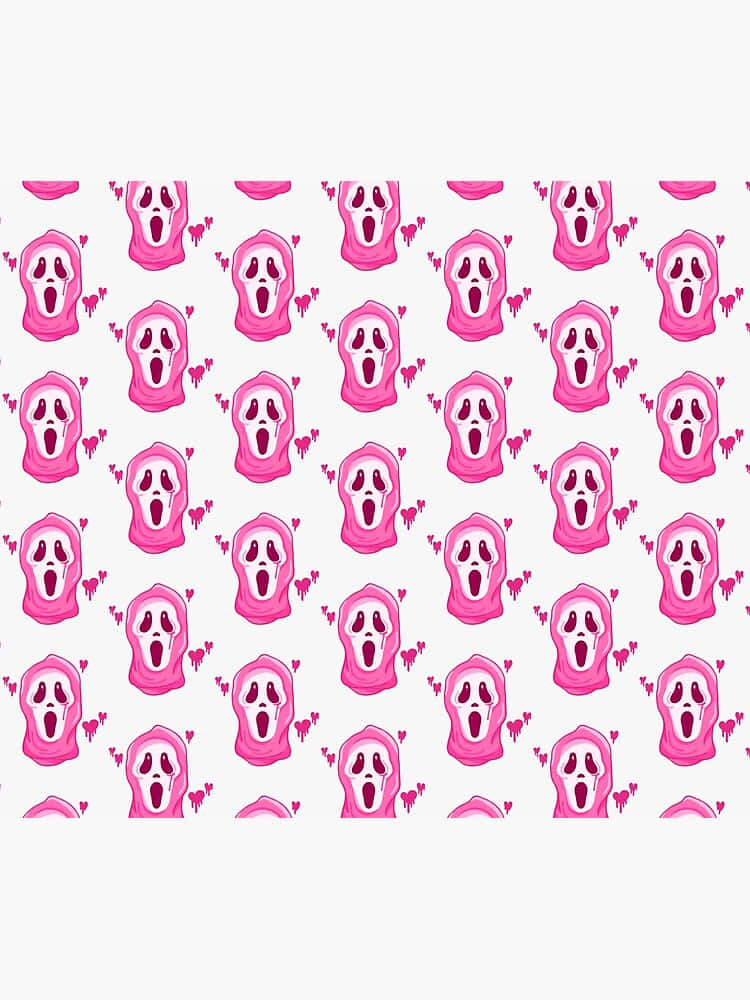 Cute Ghost 桌布 壁紙 — 重複的粉紅色卡通鬼魂，有大眼睛和張開的嘴巴，被小愛心環繞在淺色背景上。