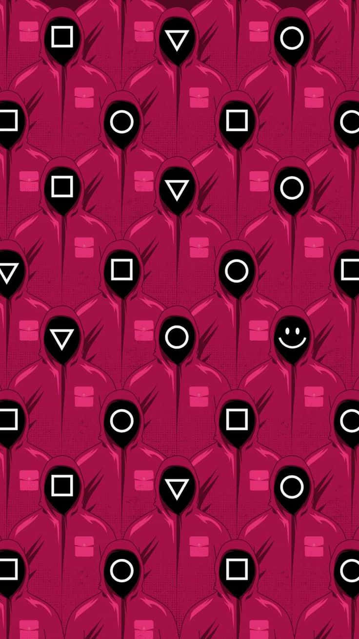 Squid Game 桌布 壁紙 — 重複的粉紅色風格化人物圖案，帶有幾何面具臉孔，採用大膽的圖形設計。