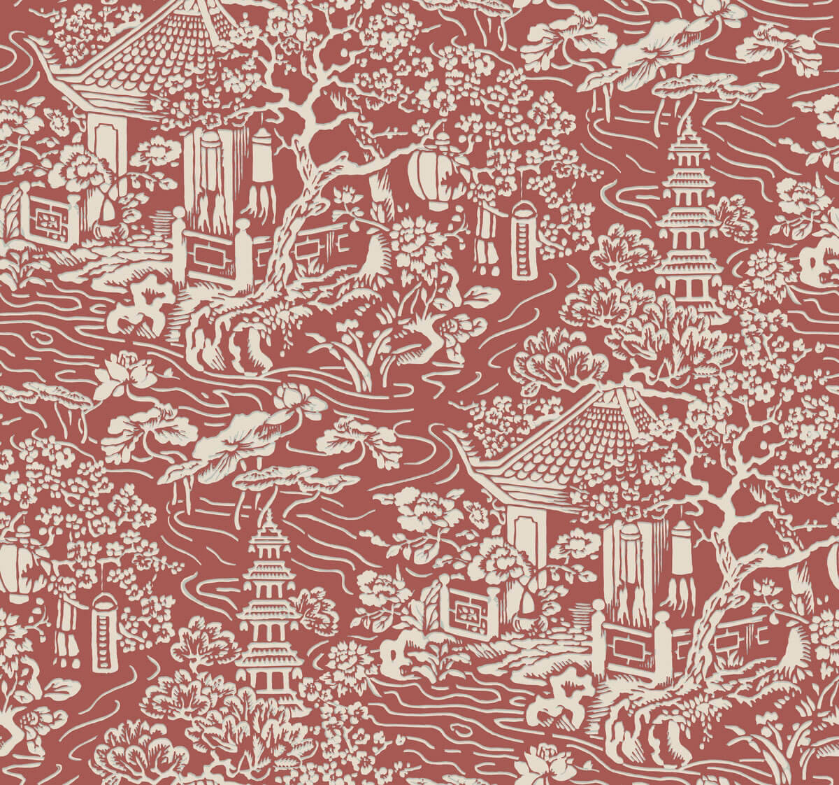 Chinoiserie 桌布 壁紙 — 重複的紅色壁紙圖案，帶有奶油色的傳統中式亭台、樹木和燈籠，採用經典的田園風格。