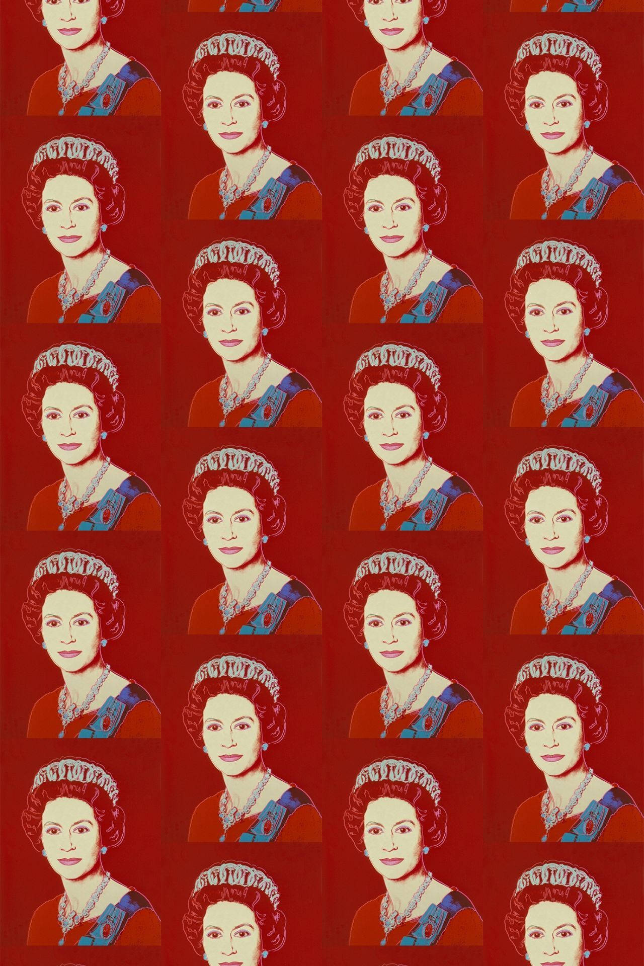 Queen Elizabeth 桌布 壁紙 — 重複的網格，展示伊麗莎白二世女王的肖像，以鮮明的紅色和藍色呈現，背景為深紅色。