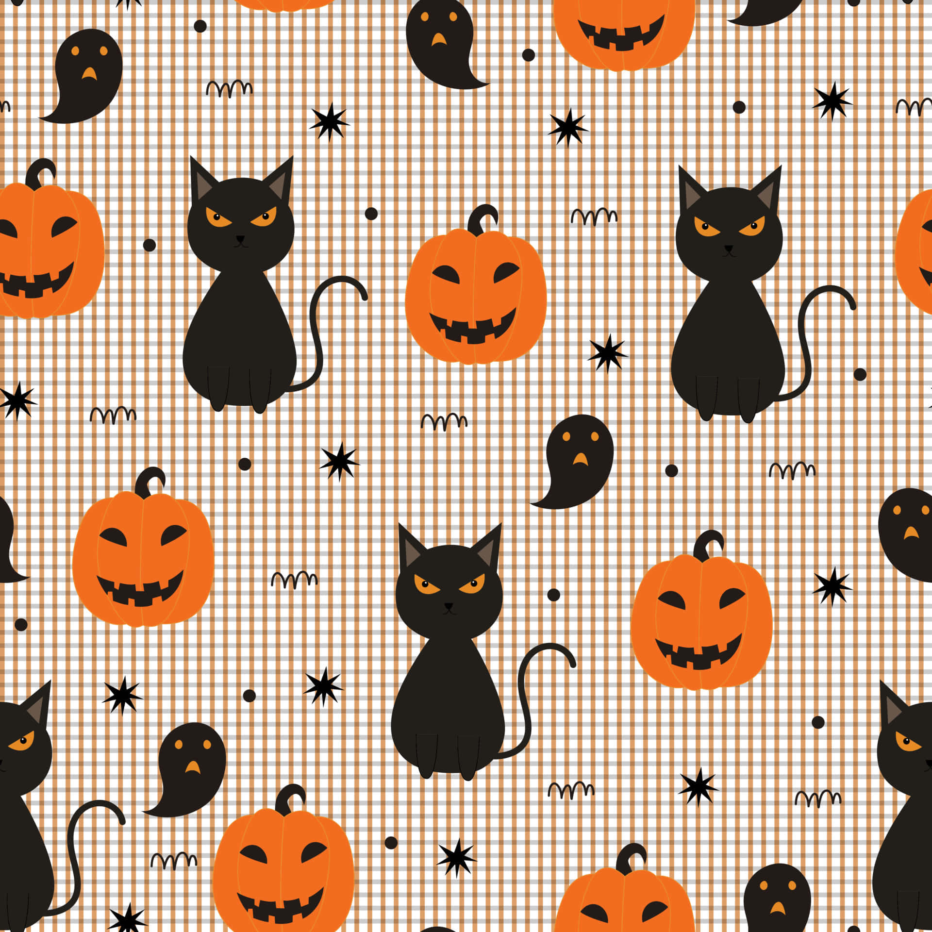 Halloween Cat 桌布 壁紙 — 重複的萬聖節圖案，包括黑貓、南瓜燈和鬼魂，背景是米色格子布。