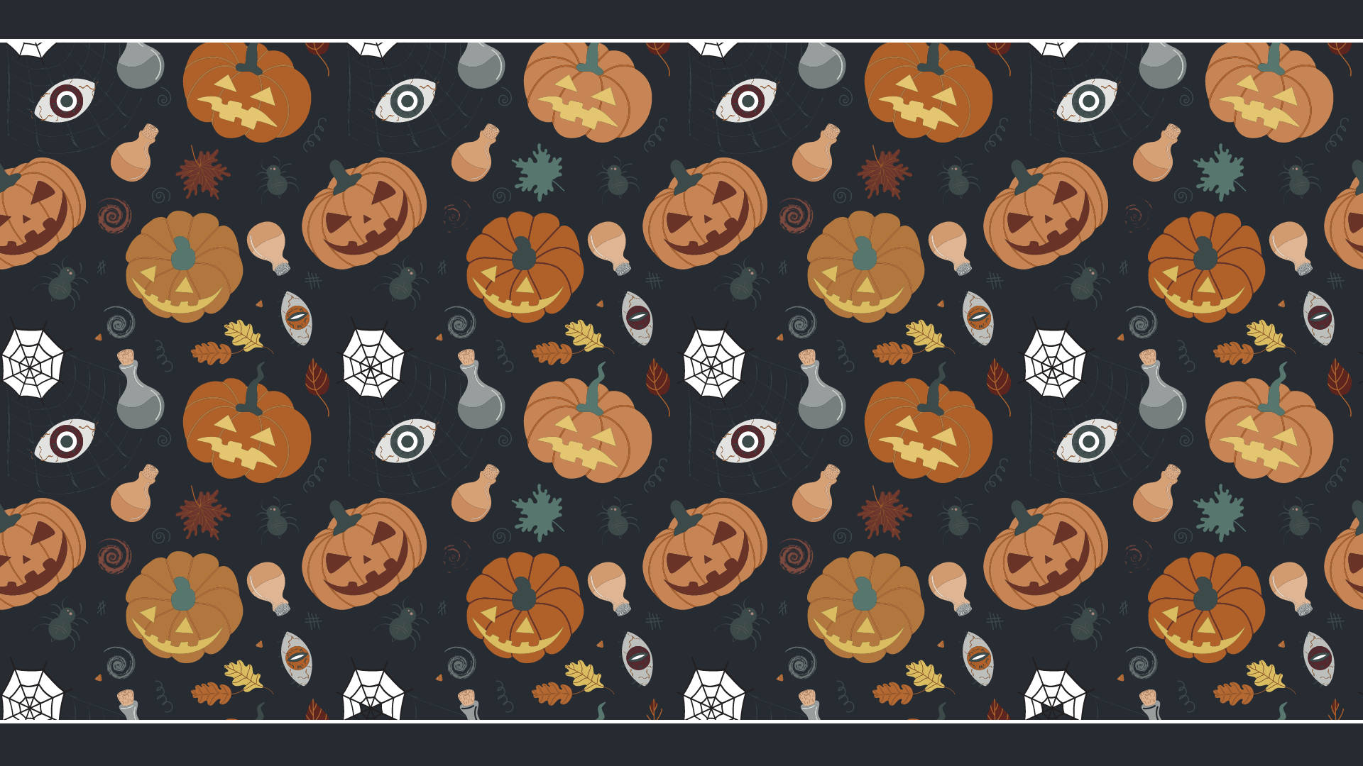 Aesthetic Halloween Laptop 桌布 壁紙 — 重複的萬聖節圖案，在深色背景上呈現橙色南瓜燈、眼球、蜘蛛和蜘蛛網。