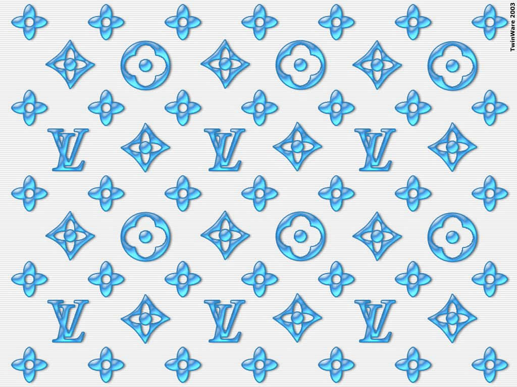 路易威登 桌布 壁紙 — 重複的藍色 Louis Vuitton 字母組合圖案，帶有微妙陰影，位於淺灰色紋理背景上。