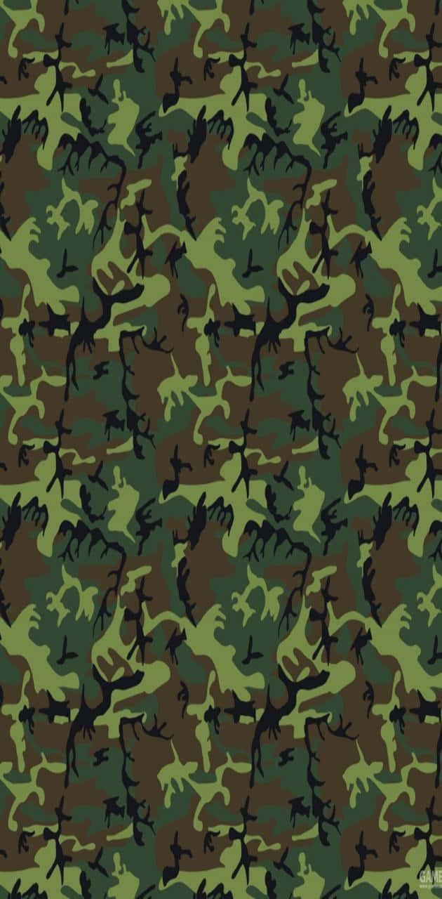 Green Camo 桌布 壁紙 — 重複的軍事迷彩圖案，帶有綠色、棕色和黑色斑點，用於隱蔽。