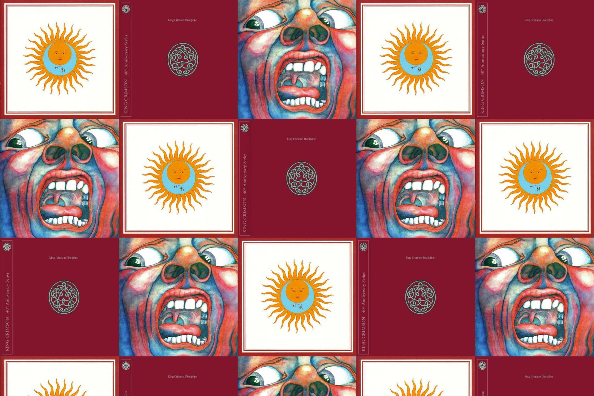 King Crimson 桌布 壁紙 — 重複的迷幻專輯封面圖案，帶有尖叫的臉孔和太陽符號，背景為深紅色。