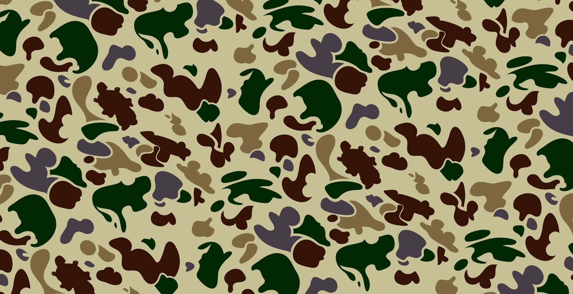 Bape 動態 桌布 壁紙 — 重複的迷彩圖案，帶有綠色、棕色和米色斑點，底色為黃褐色。