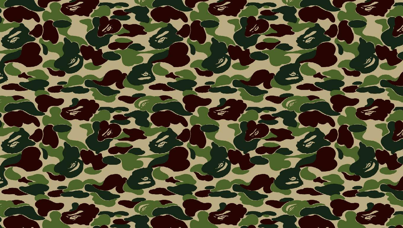 Bape 動態 桌布 壁紙 — 重複的迷彩圖案，帶有綠色、棕色和米色斑點，可融入自然環境。