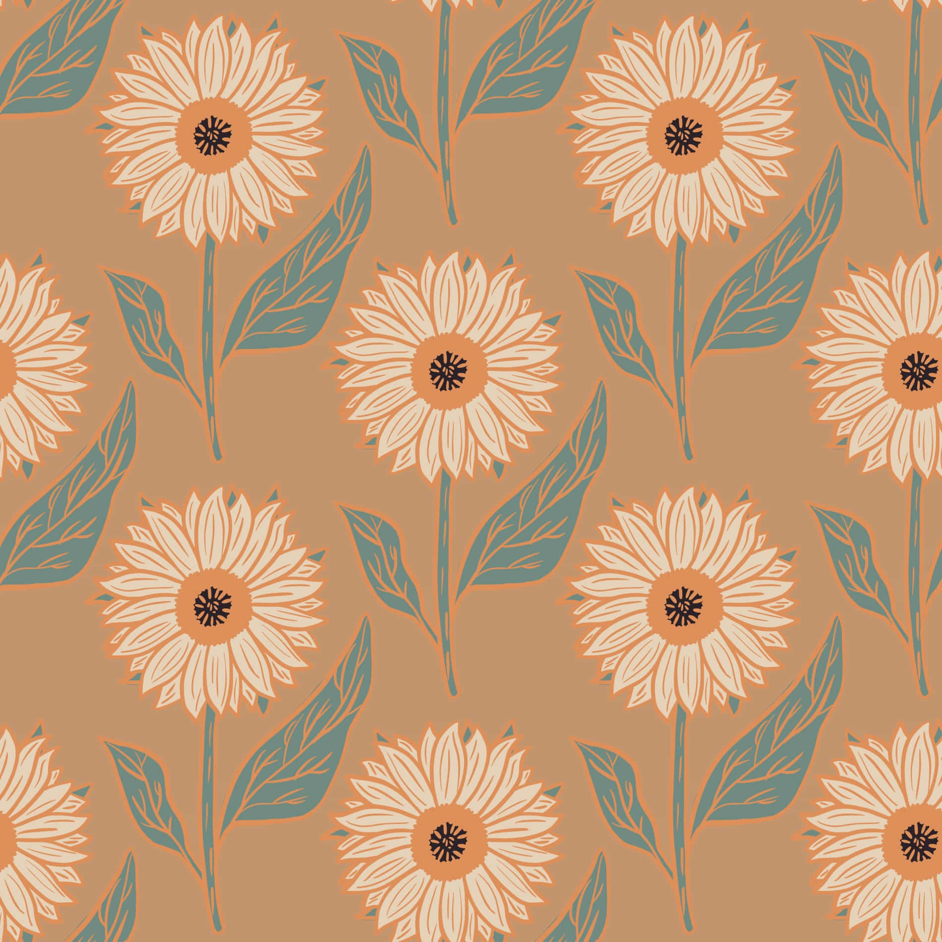 Aesthetic Sunflower 桌布 壁紙 — 重複的風格化向日葵，帶有奶油色花瓣和青綠色葉子，在溫暖的赤陶背景上。