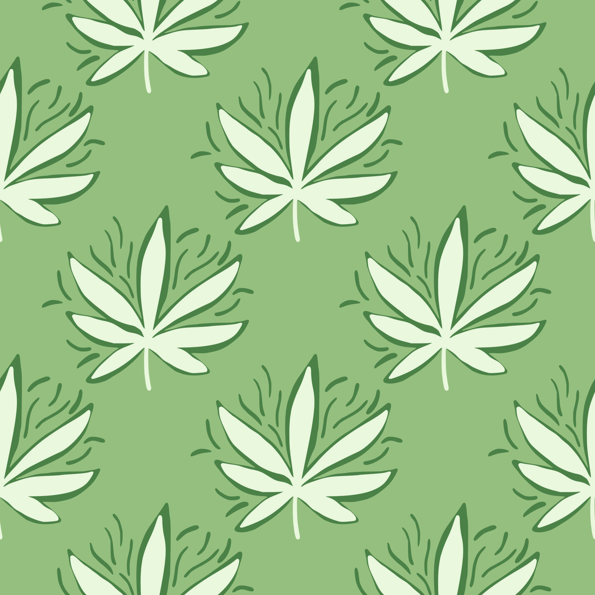 Cartoon Weed 桌布 壁紙 — 重複的風格化大麻葉，奶油色和綠色，在純色鼠尾草背景上。