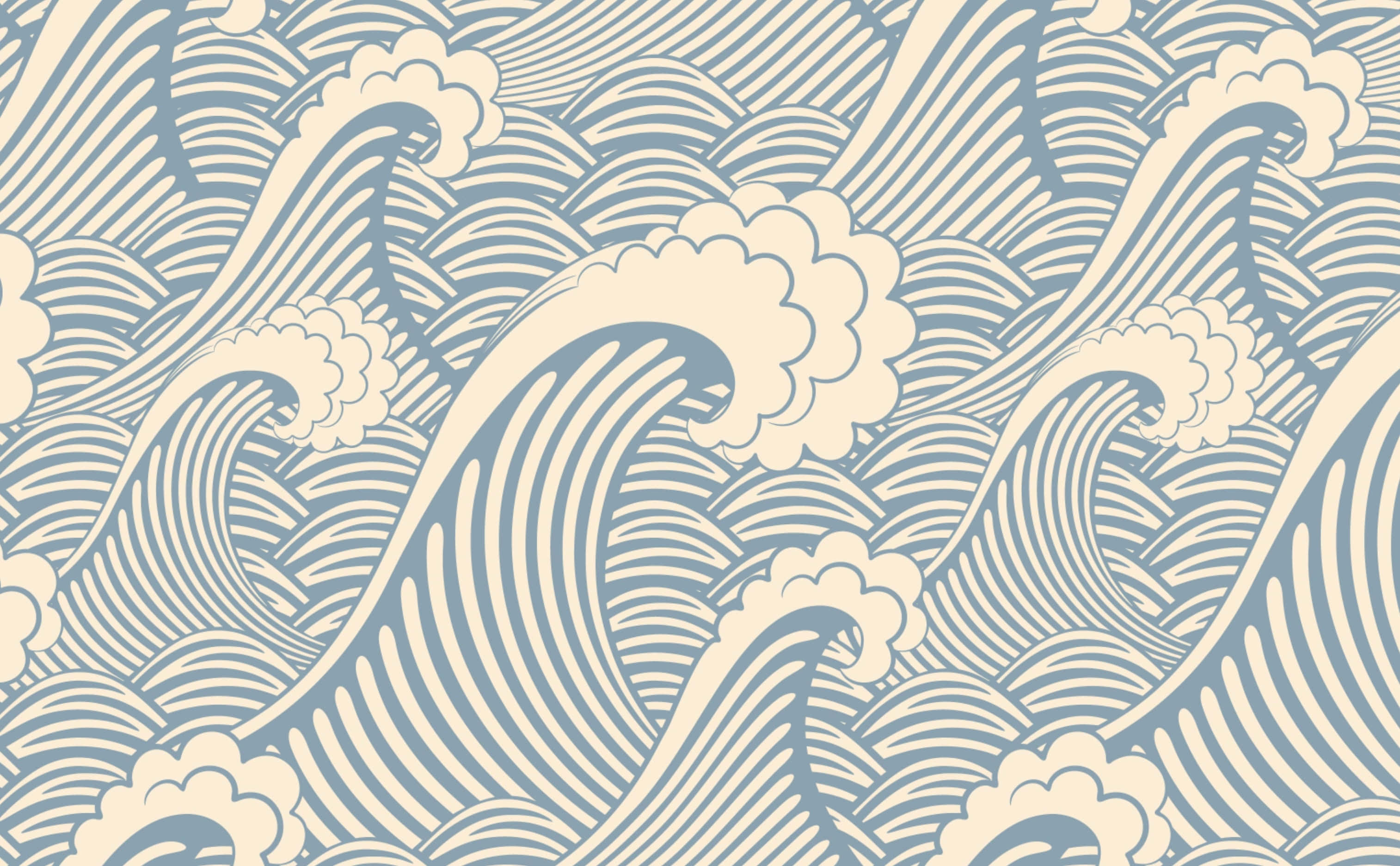 Blue And Gray 桌布 壁紙 — 重複的風格化海浪以奶油色和藍色呈現，流暢的線條和泡沫般的浪尖創造出節奏感圖案。