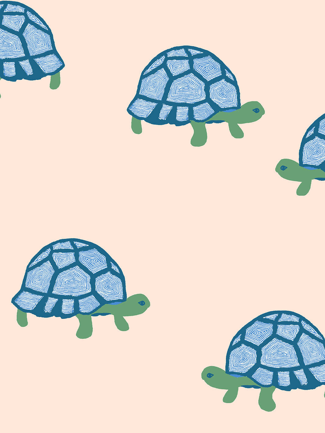 animals 桌布 壁紙 — 重複的風格化烏龜，帶有藍色圖案殼和綠色四肢，在柔和的桃色背景上。