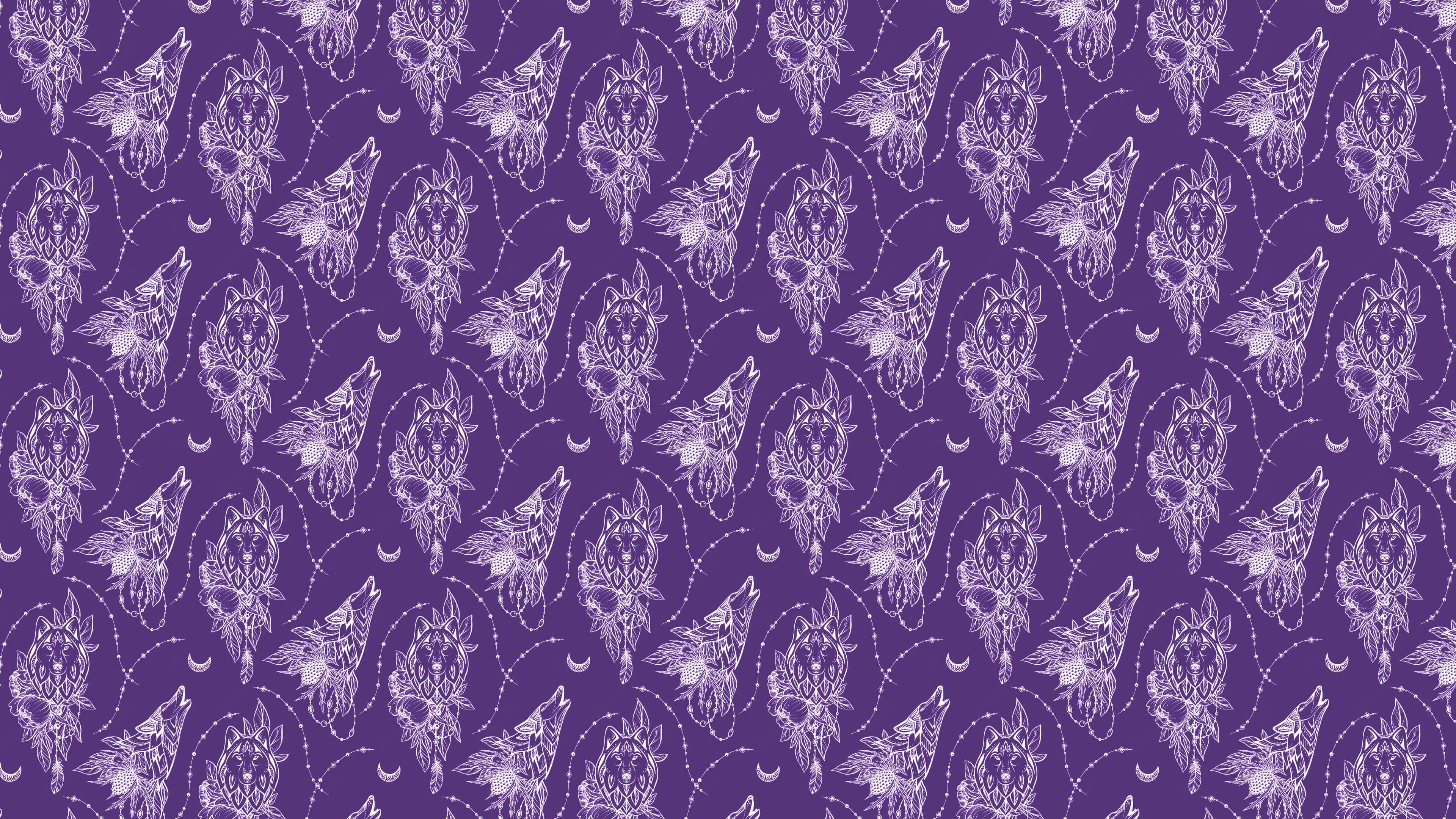 Wolf Pattern 桌布 壁紙 — 重複的風格化狼頭圖案，在深紫色背景上嚎叫，帶有新月和點狀弧線。
