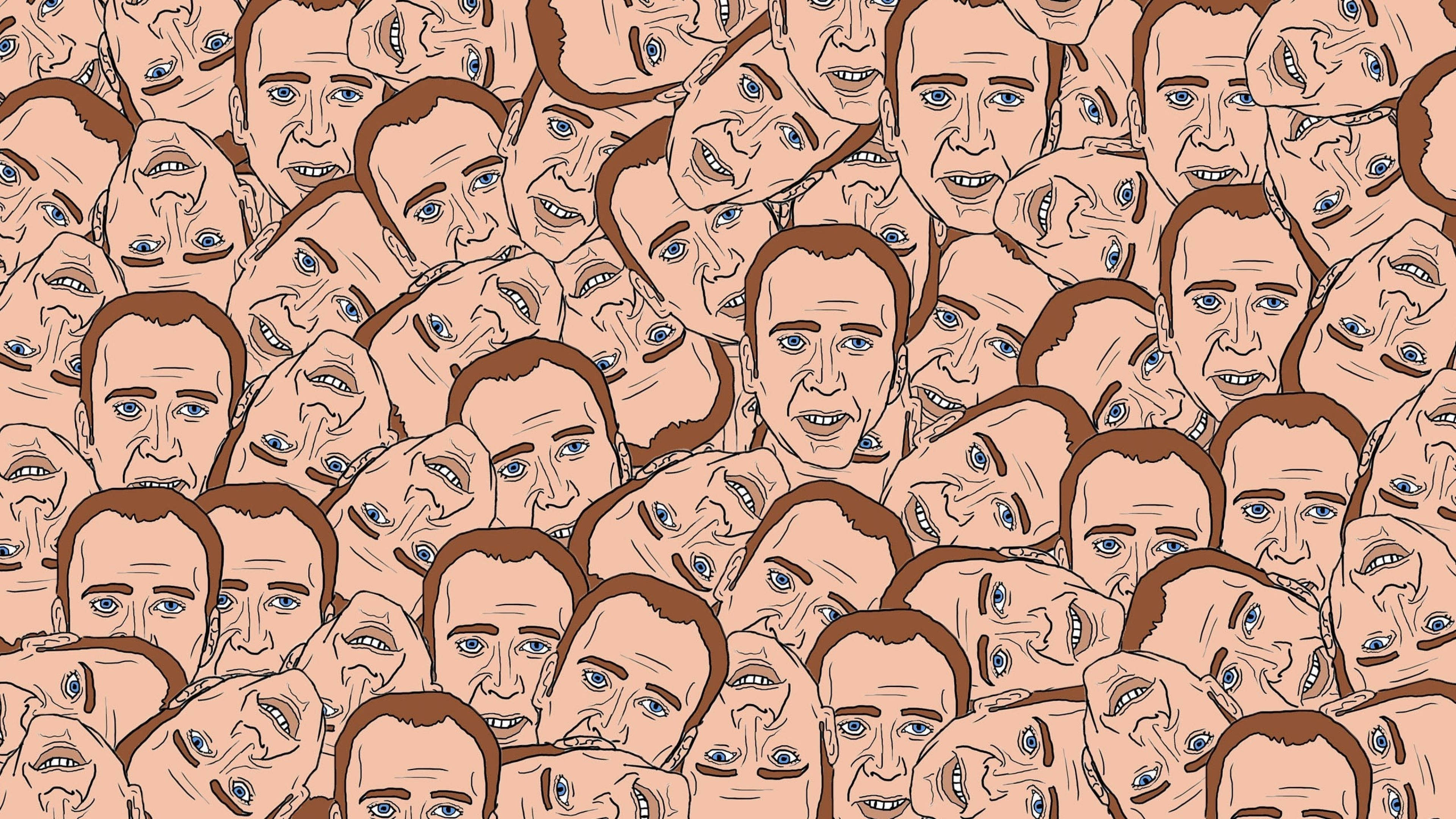 Nicolas Cage 桌布 壁紙 — 重複的風格化男性面孔圖案，藍色眼睛和棕色頭髮，暖色調插圖。