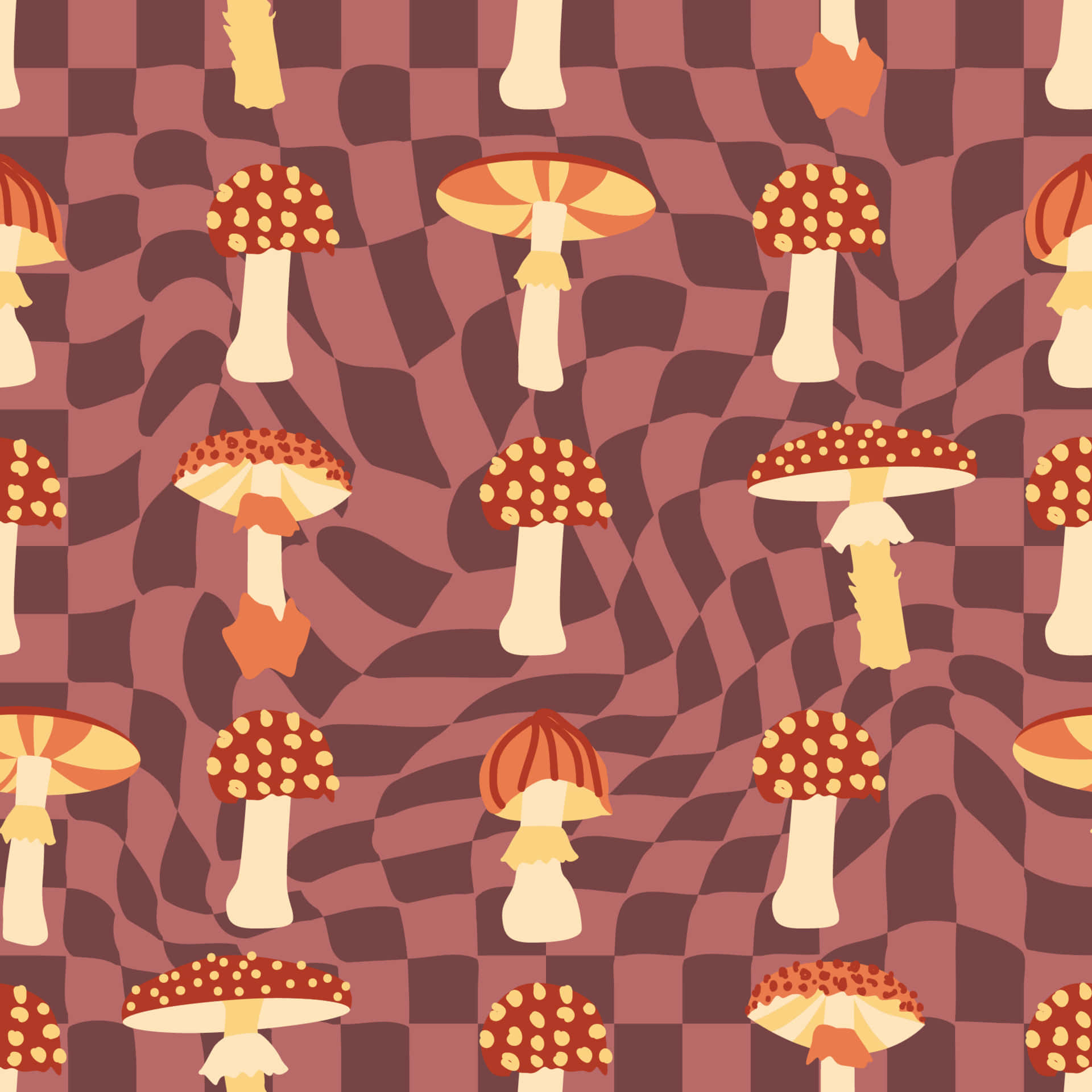 Mushroom Aesthetic 桌布 壁紙 — 重複的風格化蘑菇圖案，紅色菌蓋帶白色斑點，背景為酒紅色波浪紋。