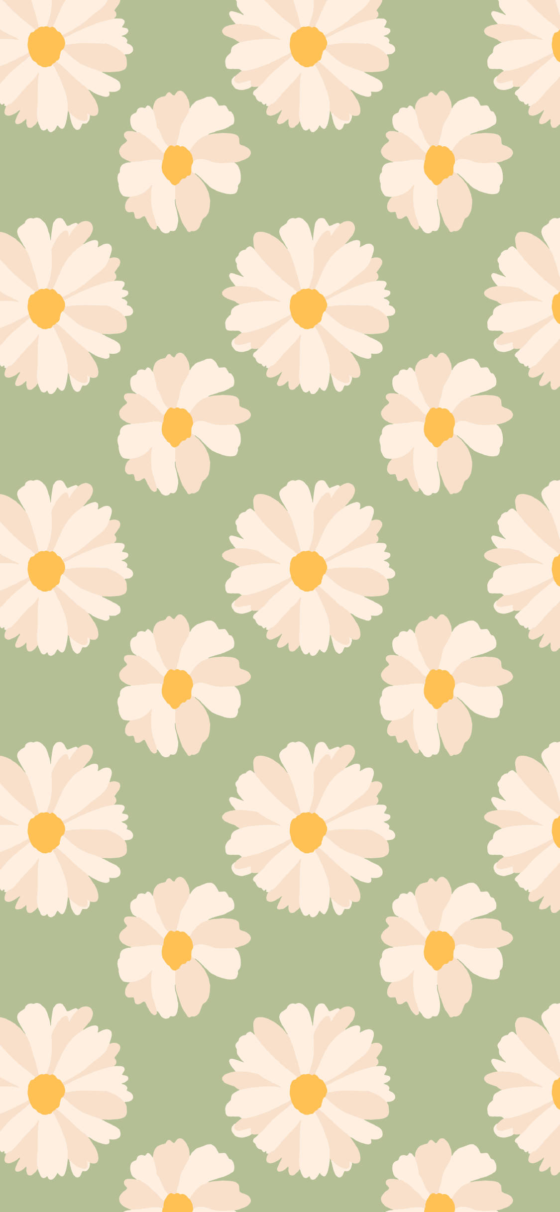 Spring iPhone 桌布 壁紙 — 重複的風格化雛菊圖案，帶有奶油色花瓣和黃色花心，背景為柔和的鼠尾草綠色。