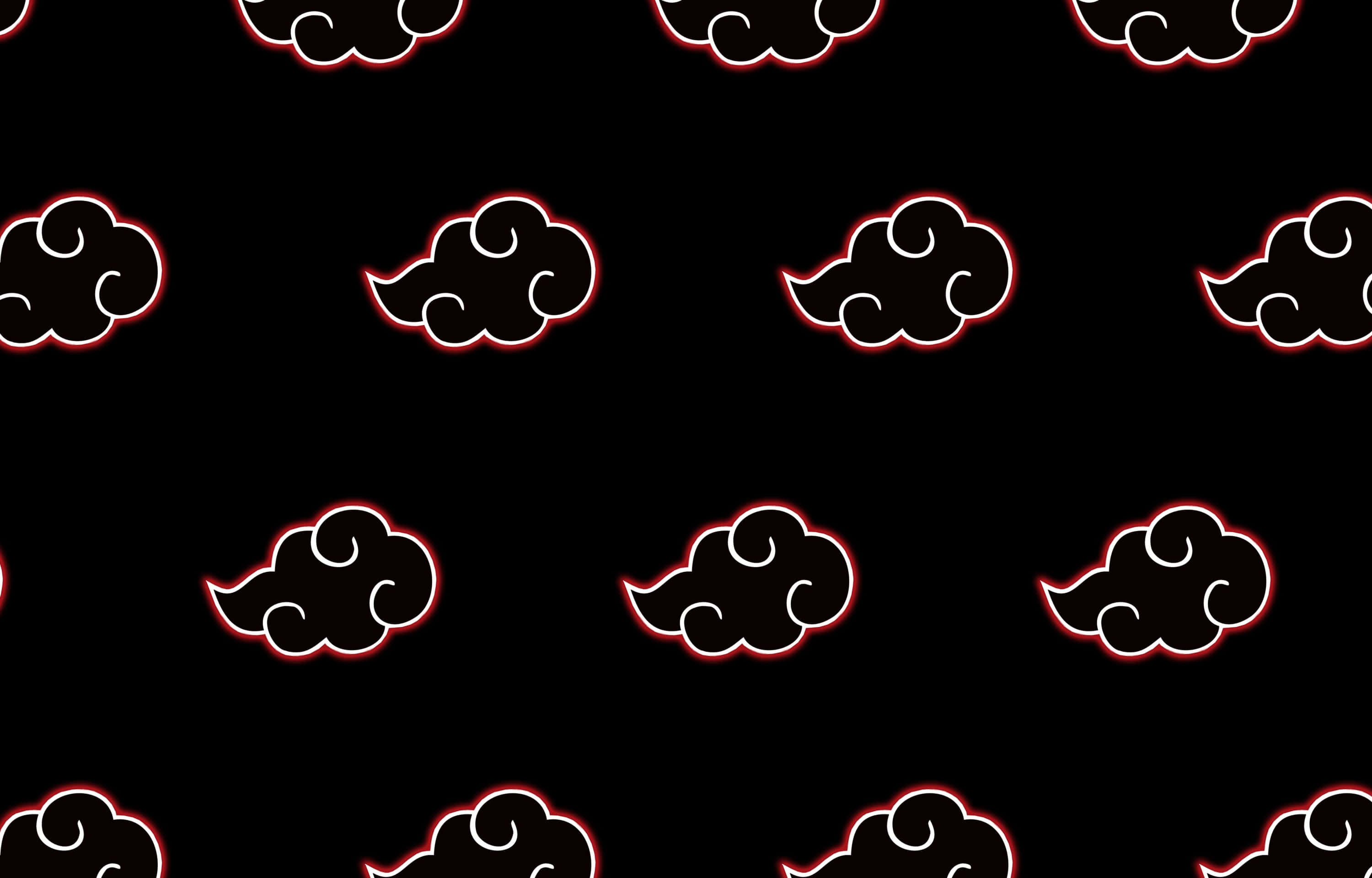 Akatsuki Symbol 桌布 壁紙 — 重複的風格化黑色雲朵，帶有紅色和白色輪廓，位於純黑色背景上。