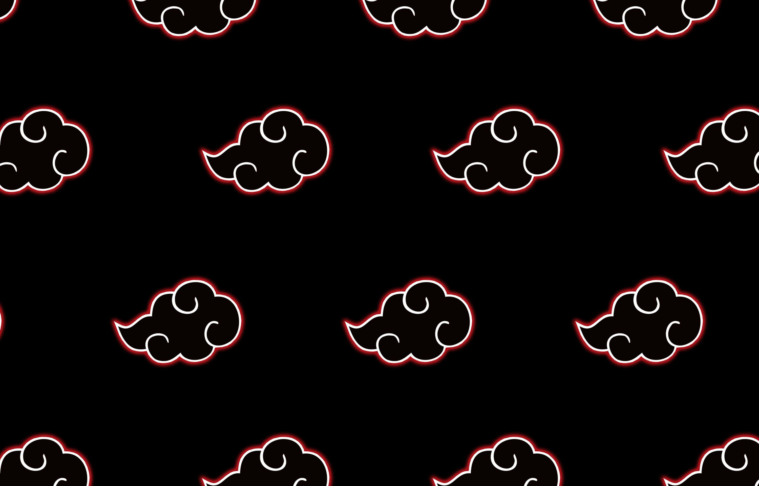 曉 桌布 壁紙 — 重複的風格化黑色雲朵，帶有紅色和白色輪廓，在純黑色背景上。