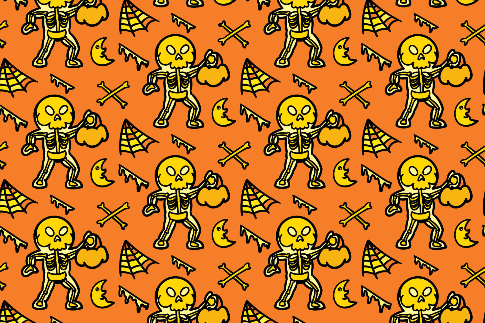 Skeleton Costumes 桌布 壁紙 — 重複的黃色卡通骷髏在橙色背景上拿著南瓜，背景有蝙蝠和骨頭。