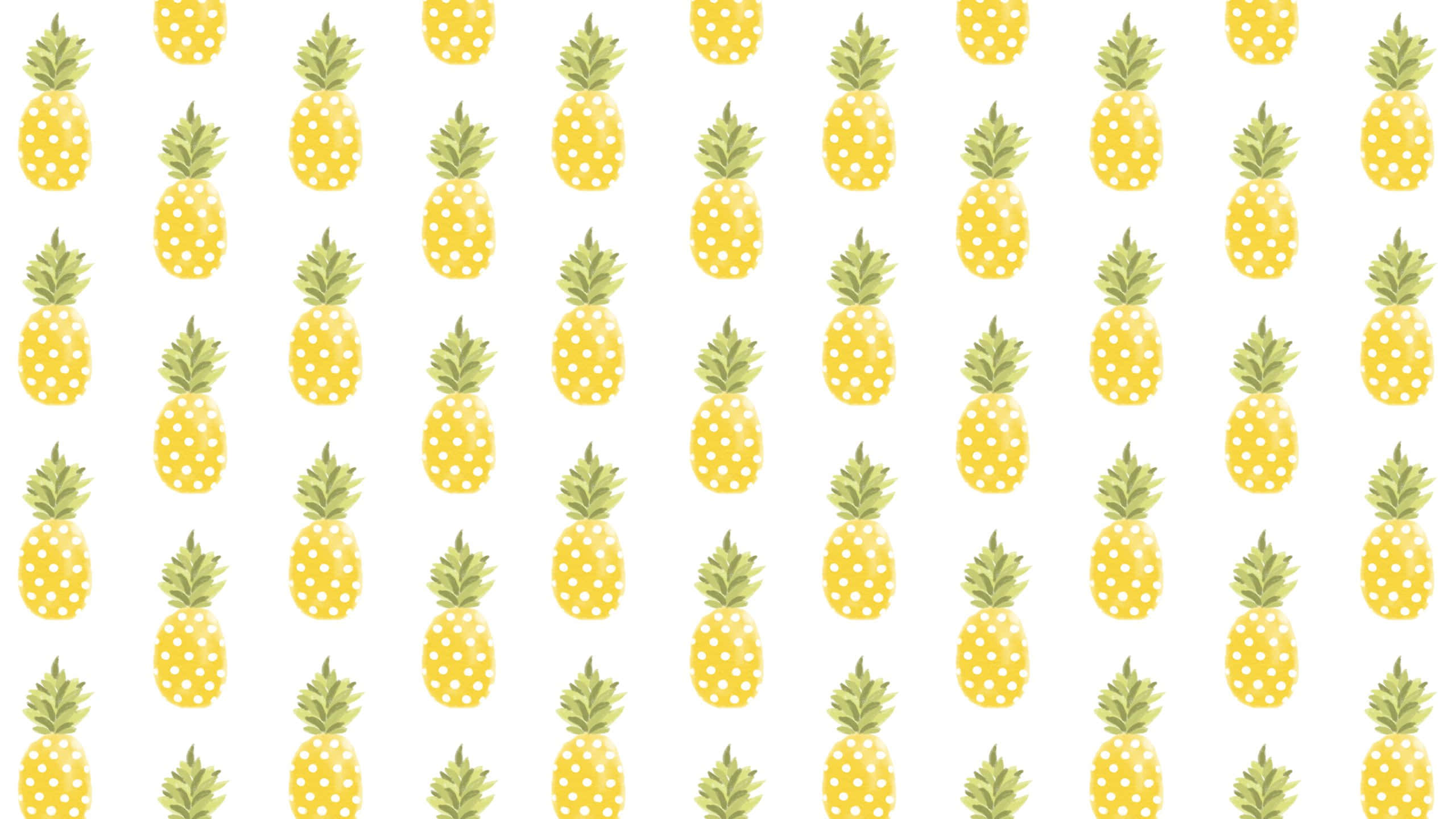 Pineapple Desktop 桌布 壁紙 — 重複的黃色鳳梨圖案，帶有白色圓點和綠色皇冠，在潔淨的白色背景上。