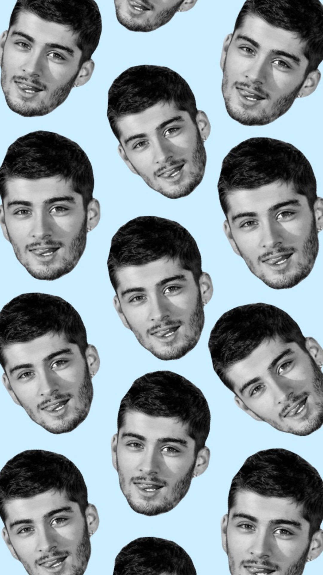 zayn 桌布 壁紙 — 重複的黑白肖像，一位面帶微笑、留著鬍渣的男子，背景為淺藍色。