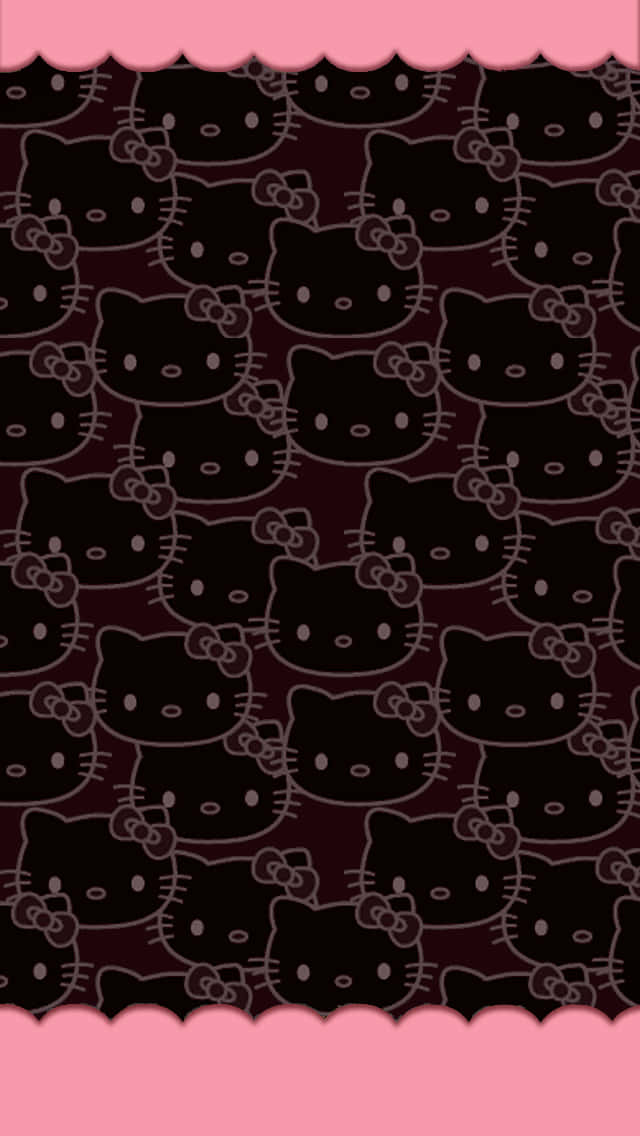 Hello Kitty 桌布 壁紙 — 重複的黑色Hello Kitty面孔，帶有白色輪廓，位於深栗色背景上，並由粉紅色扇形邊框框起。