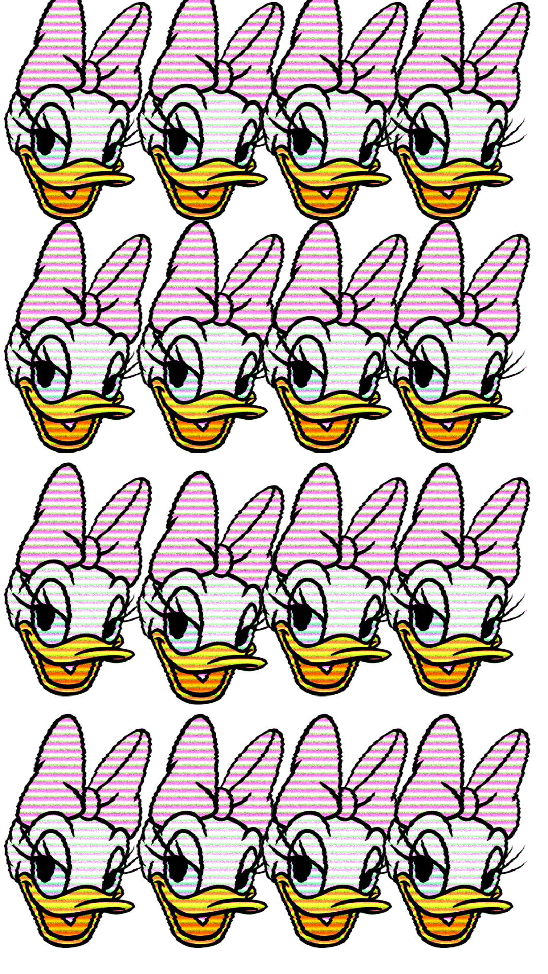 Daisy Duck 桌布 壁紙 — 重複的黛絲鴨臉部圖案，帶有粉紅色蝴蝶結，背景為條紋。