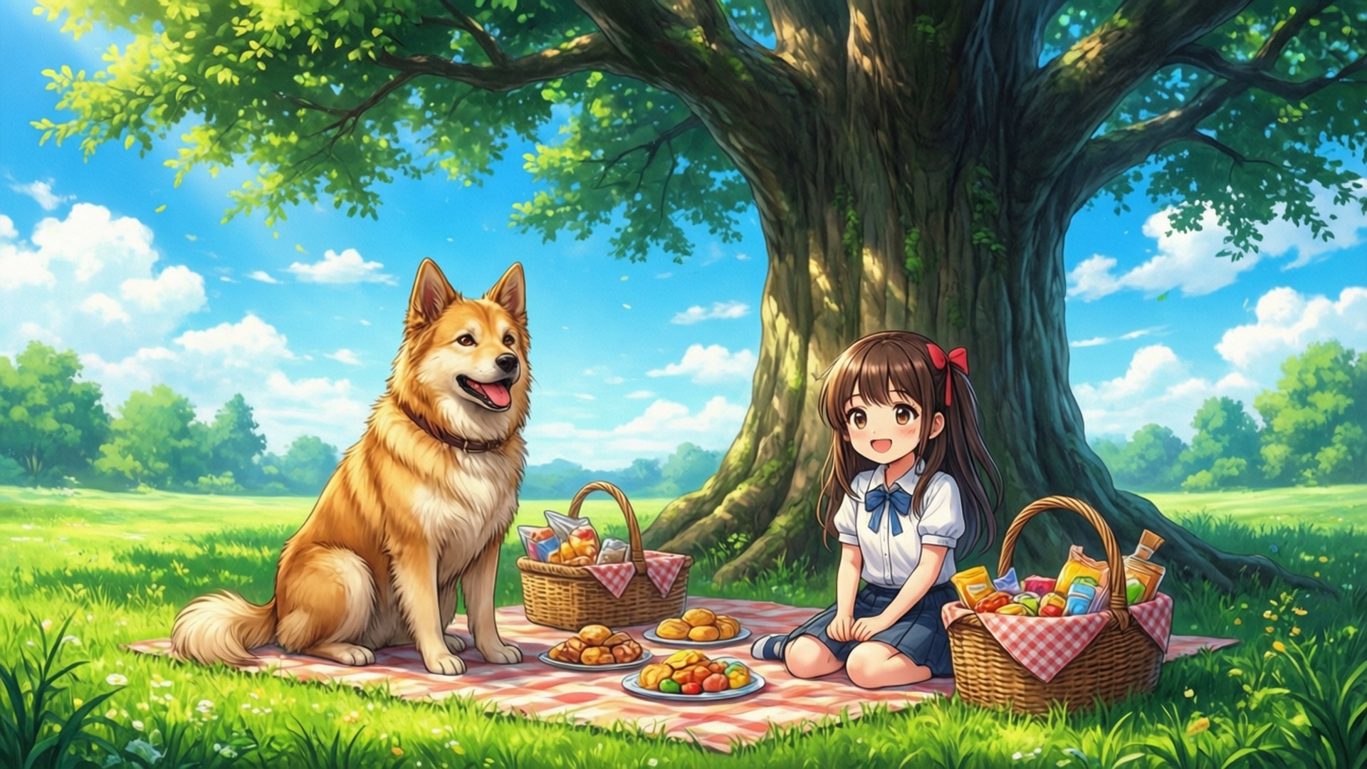 野餐夥伴 壁紙 — 一個開心的動畫女孩和她毛茸茸的狗在一棵大樹下享受陽光明媚的野餐，有色彩繽紛的食物和籃子。