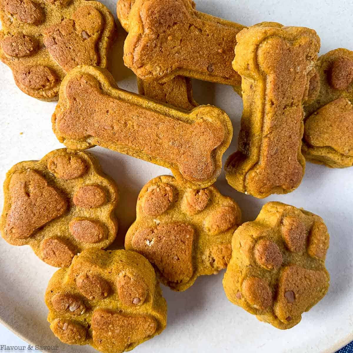 Paw Print 桌布 壁紙 — 金啡色狗零食，形狀像骨頭和腳印，散落在淺色表面上。