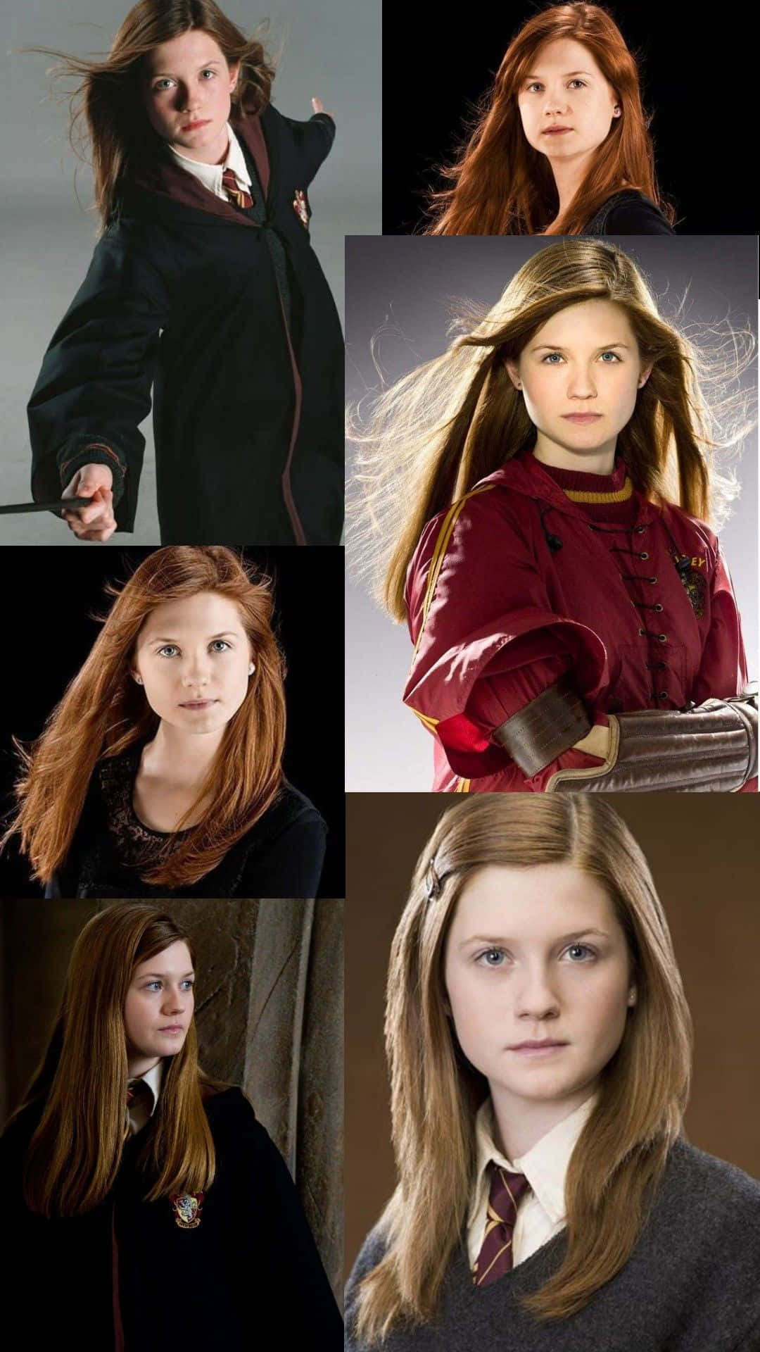 Ginny Weasley 桌布 壁紙 — 金妮·衛斯理六幅不同霍格華茲制服和姿勢的肖像拼貼，頭髮飄逸，表情嚴肅。