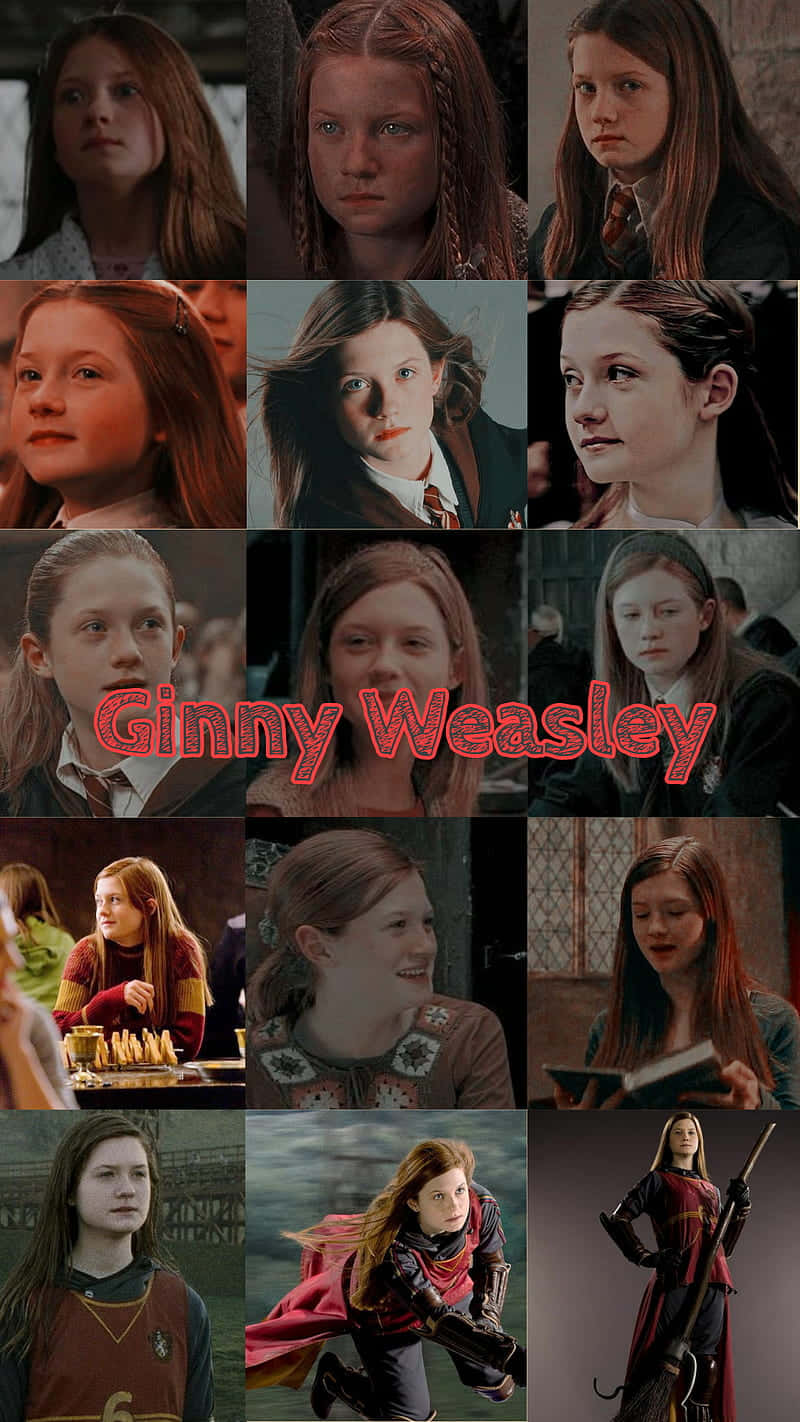 Ginny Weasley 桌布 壁紙 — 金妮·衛斯理在《哈利波特》不同場景中的拼貼畫，展示她的表情和服裝。