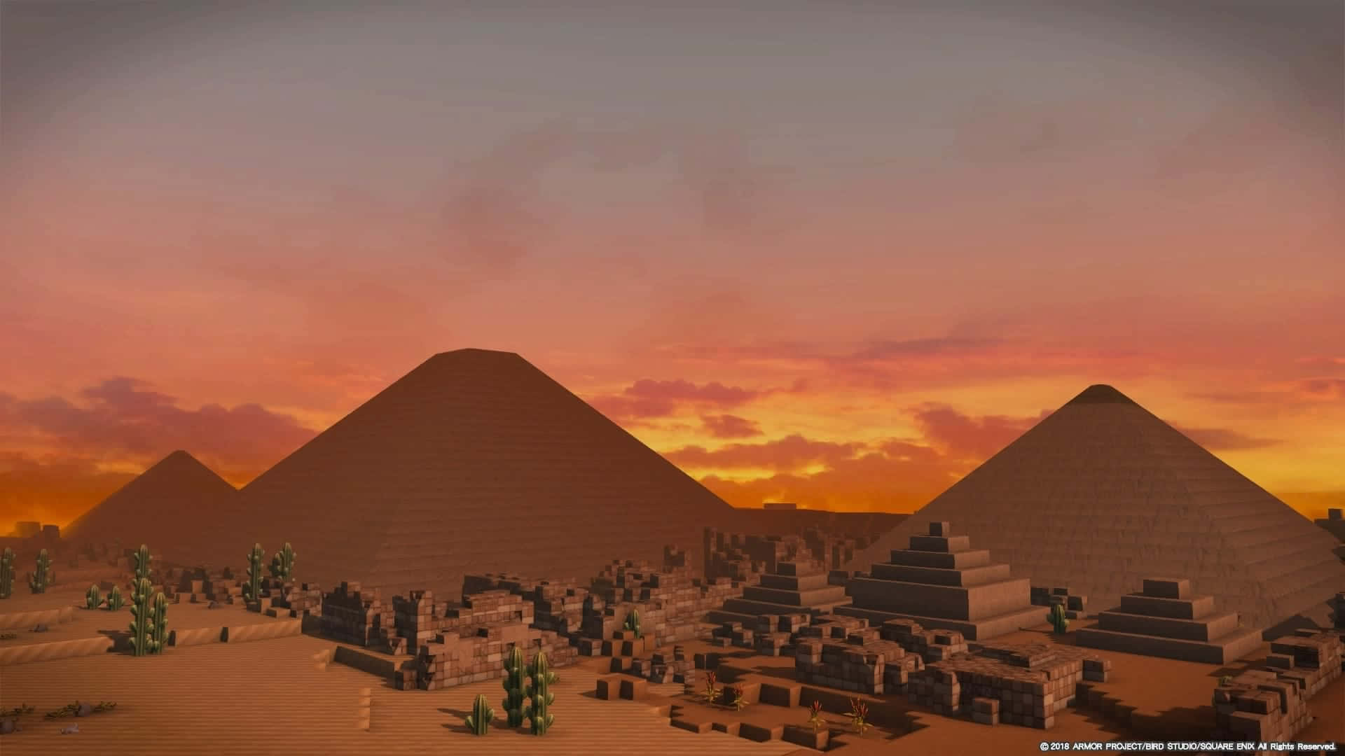 Ancient Egypt 桌布 壁紙 — 金字塔從沙漠沙地中升起，在熾熱的日落天空下，散落著仙人掌和廢墟。