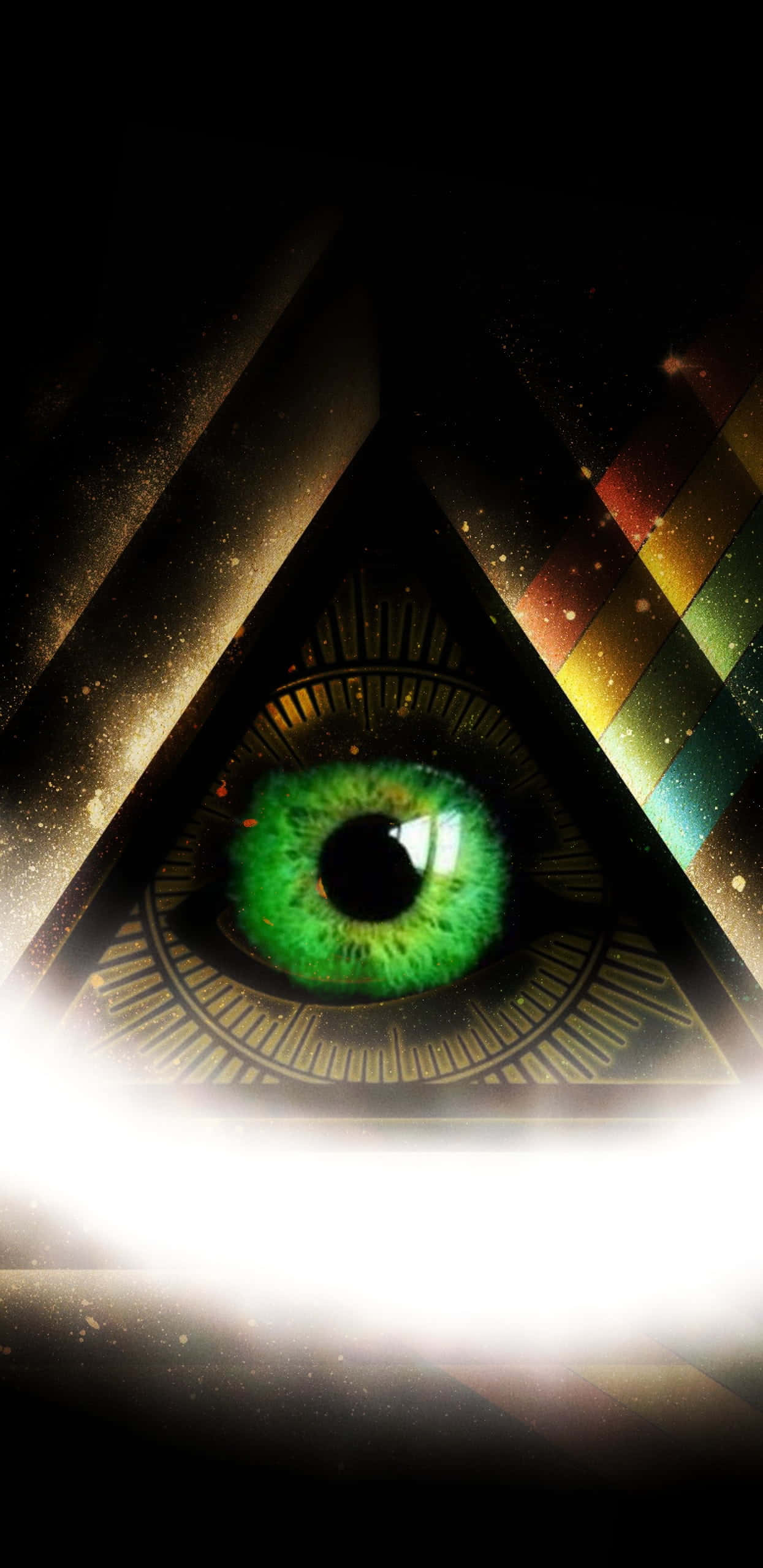 illuminati 桌布 壁紙 — 金字塔框架內發光的綠色眼睛，在繁星點點的黑暗背景下散發出宇宙光芒。