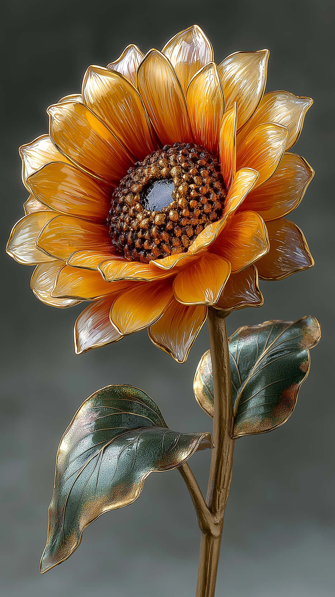 Vibrant Lacquer Flower Sculpture with Pearlescent Petals 壁紙 — 金屬向日葵雕塑，金色花瓣和青銅葉子，深灰色背景。