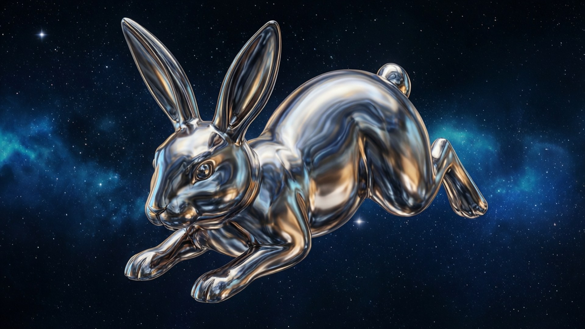金屬太空兔 壁紙 — 一隻光滑的金屬兔子跳過星光燦爛的宇宙天空，背景有發光的星雲。